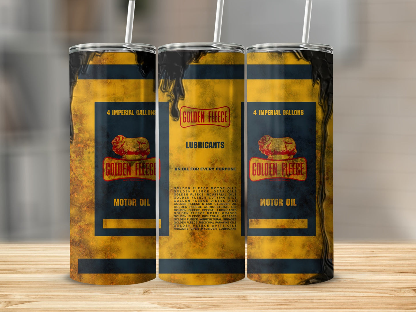 Golden Fleece motor oil container with product details.