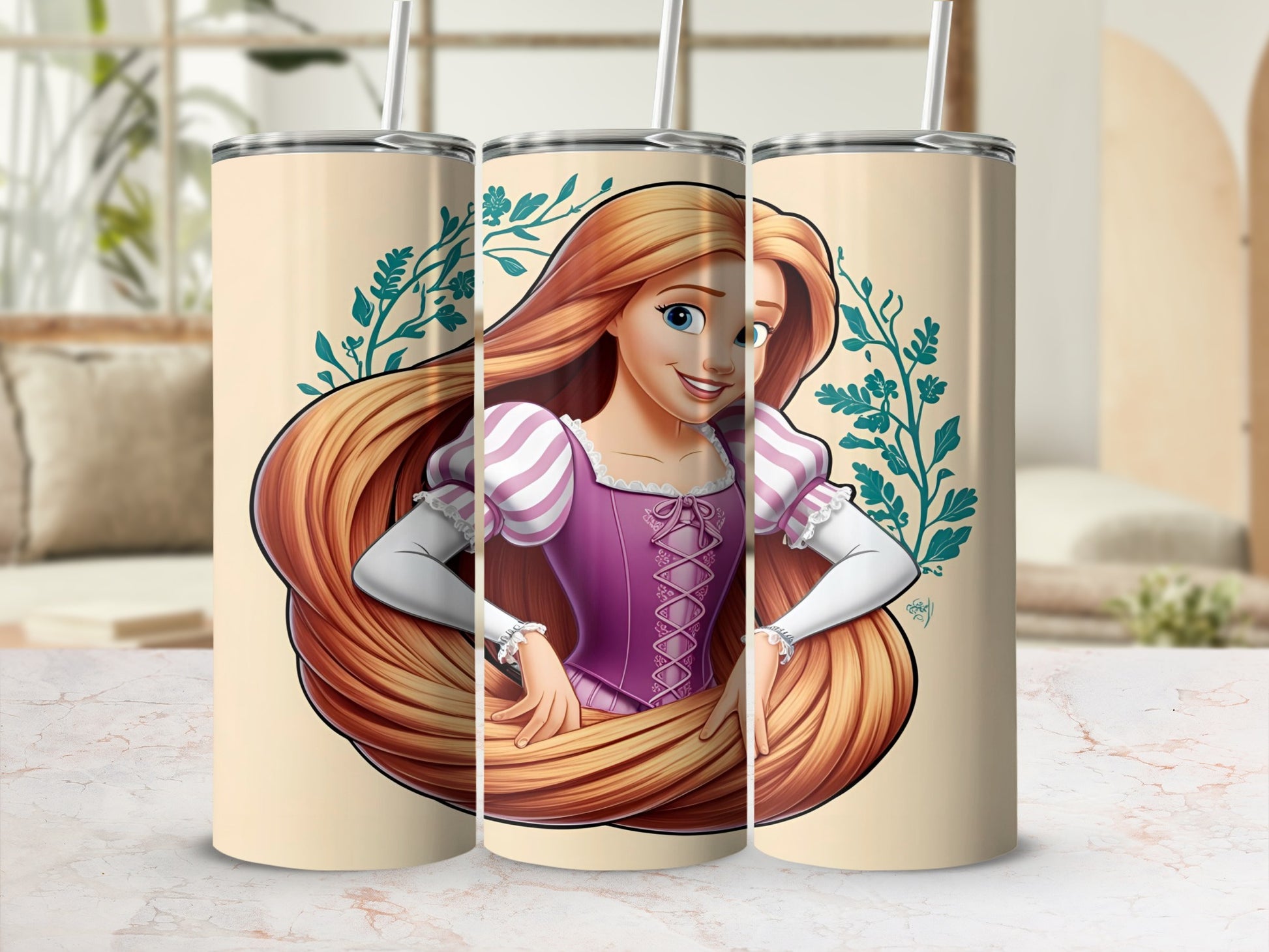 Rapunzel with long blonde hair in a purple corset, surrounded by green vines.