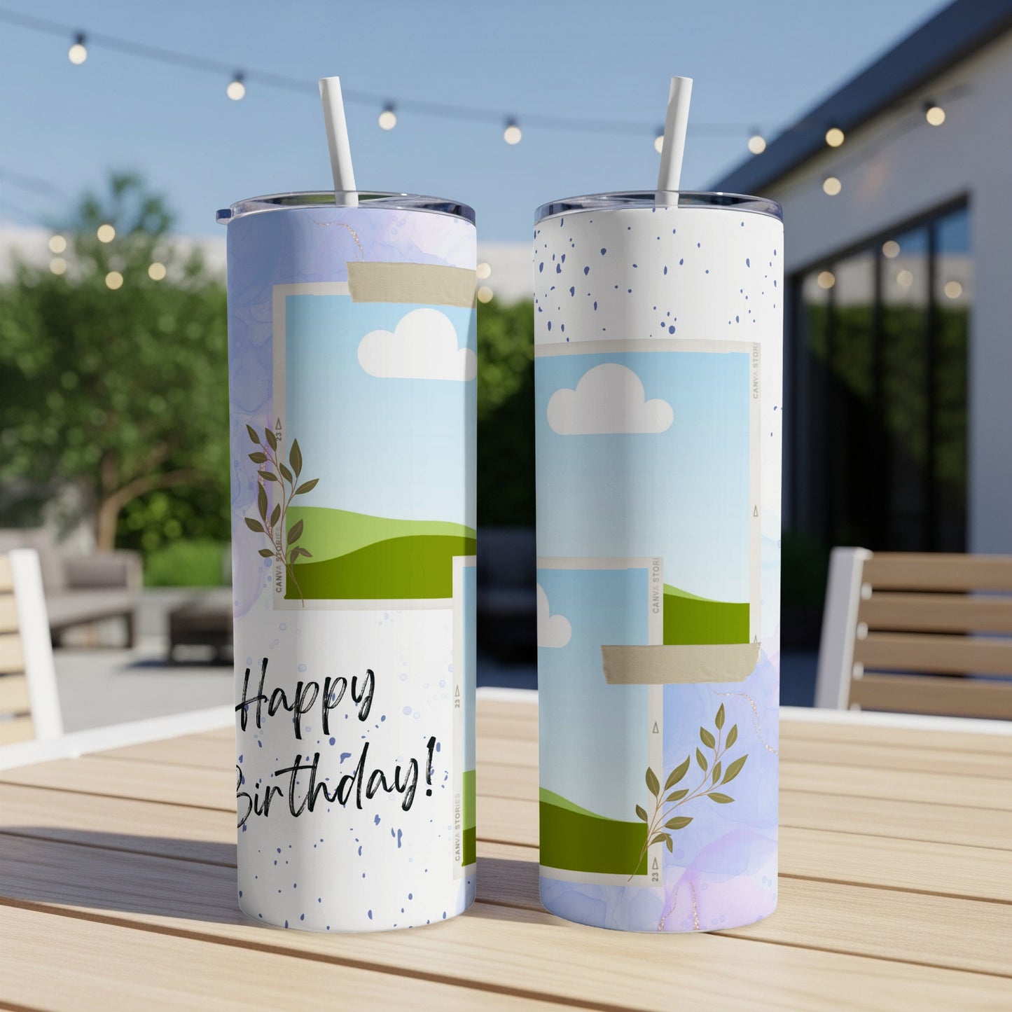 Two tumblers with "Happy Birthday!" text and a landscape design.