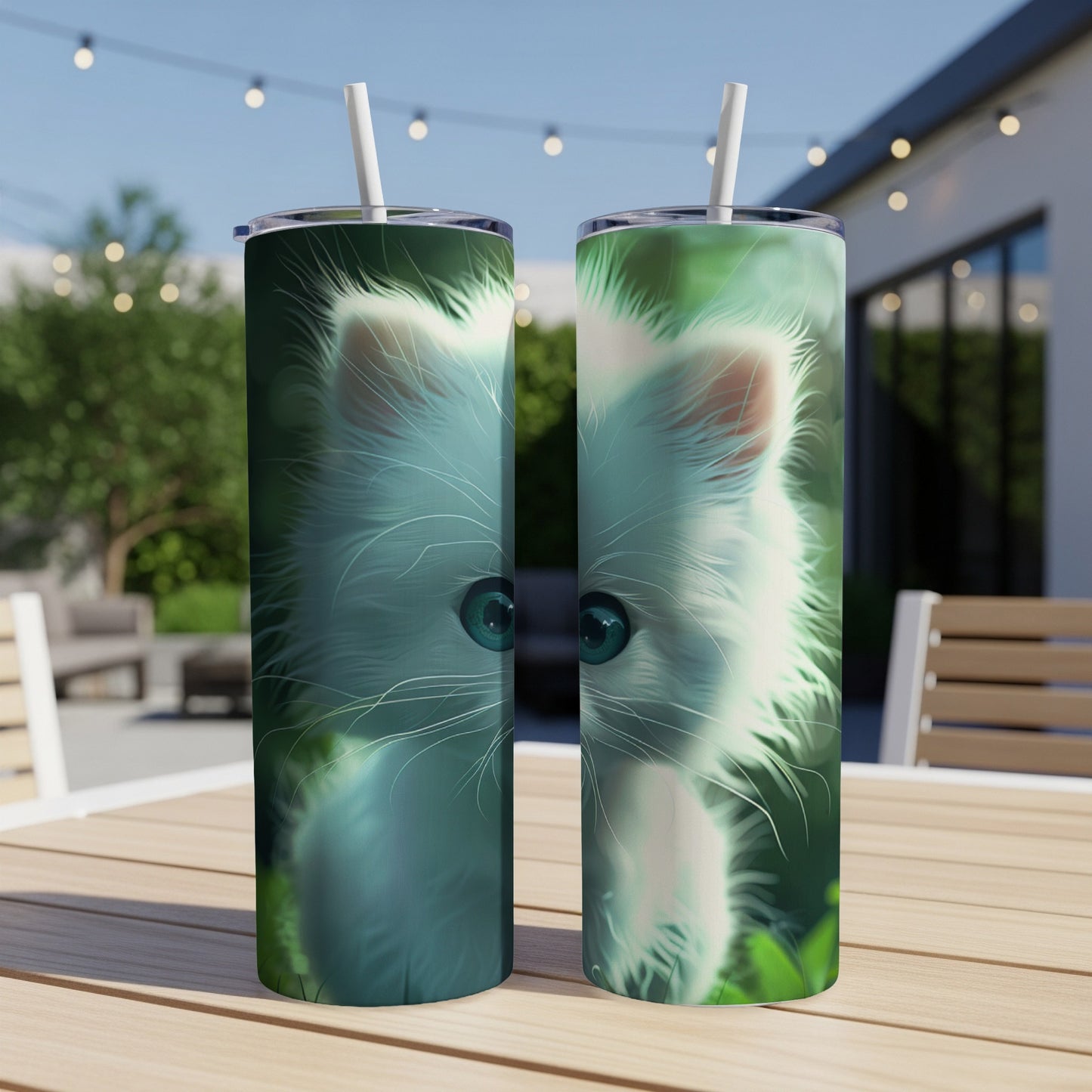Two tumblers featuring a close-up of a fluffy white kitten with big blue eyes.