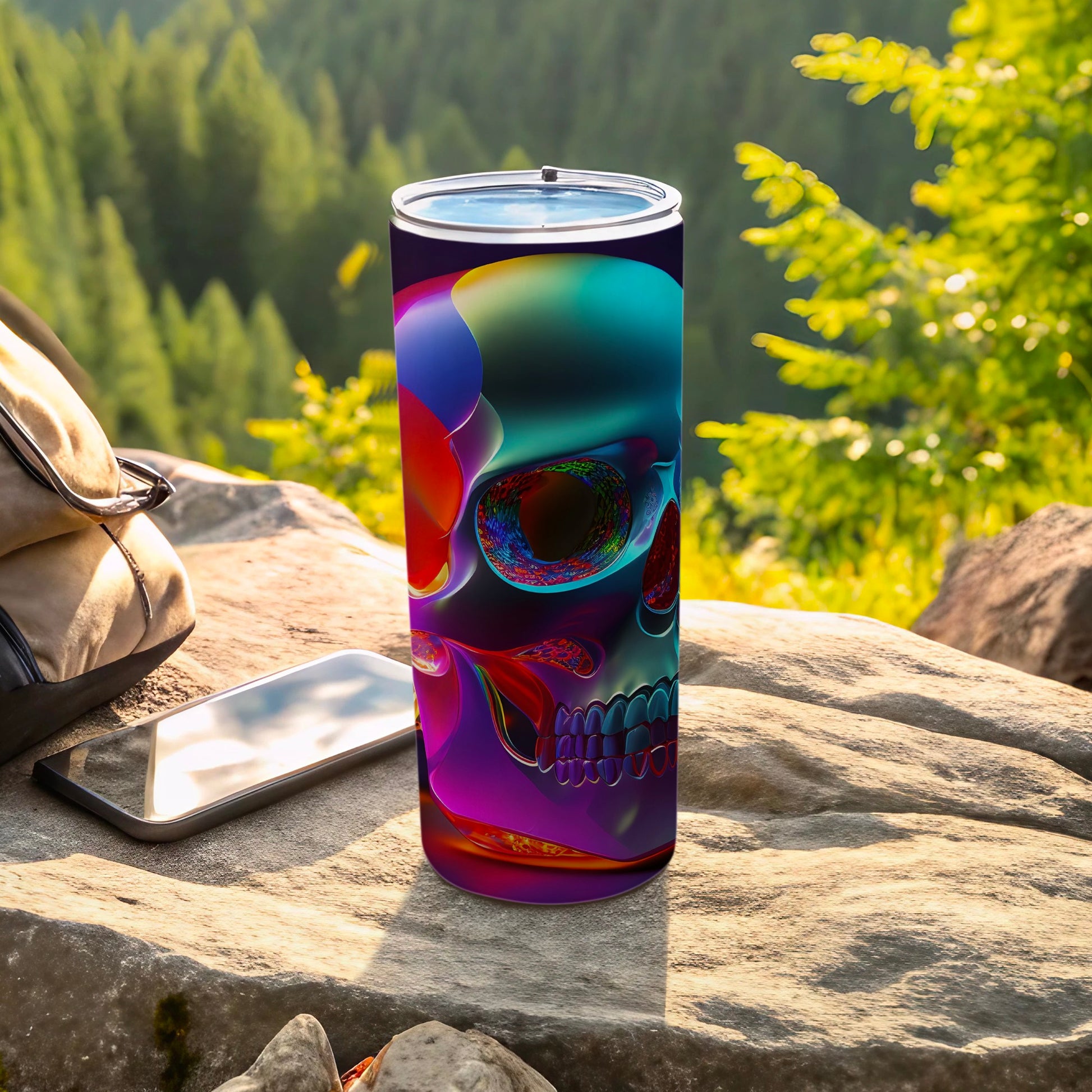Colorful abstract skull design on a stainless steel tumbler, outdoors.