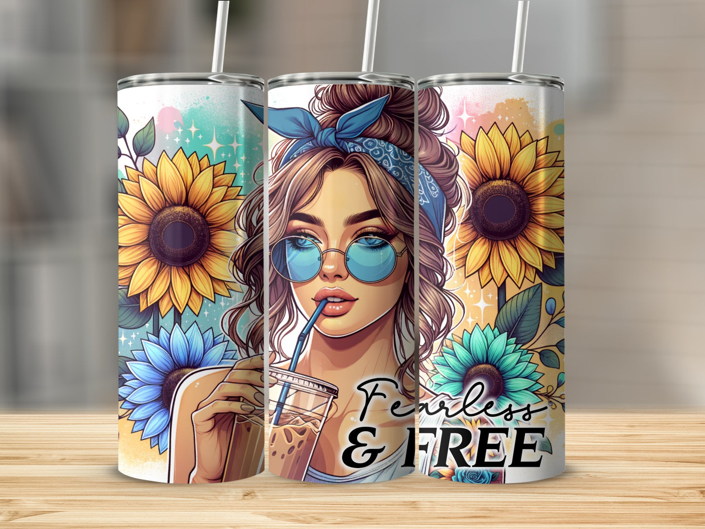 Woman with sunflowers and "Fearless & Free" text on a tumbler.