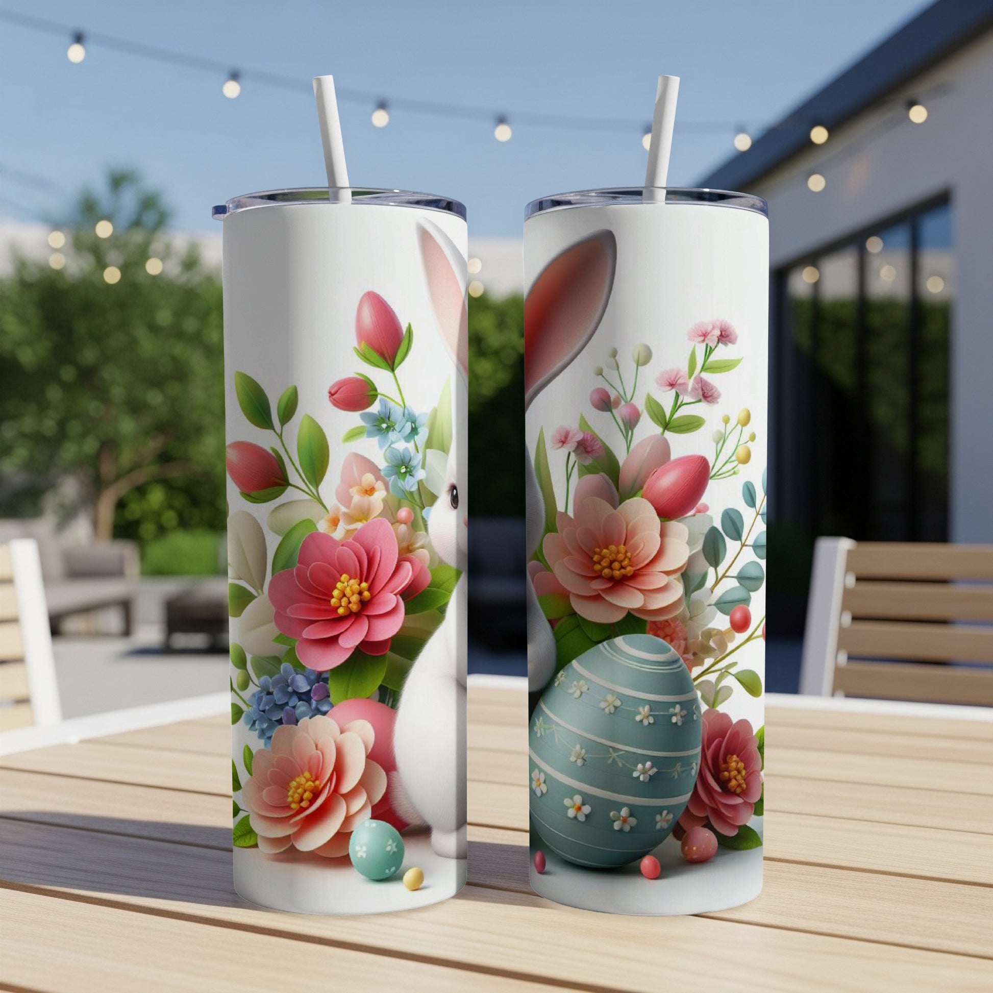 Two white tumblers with Easter theme art featuring a bunny and egg.