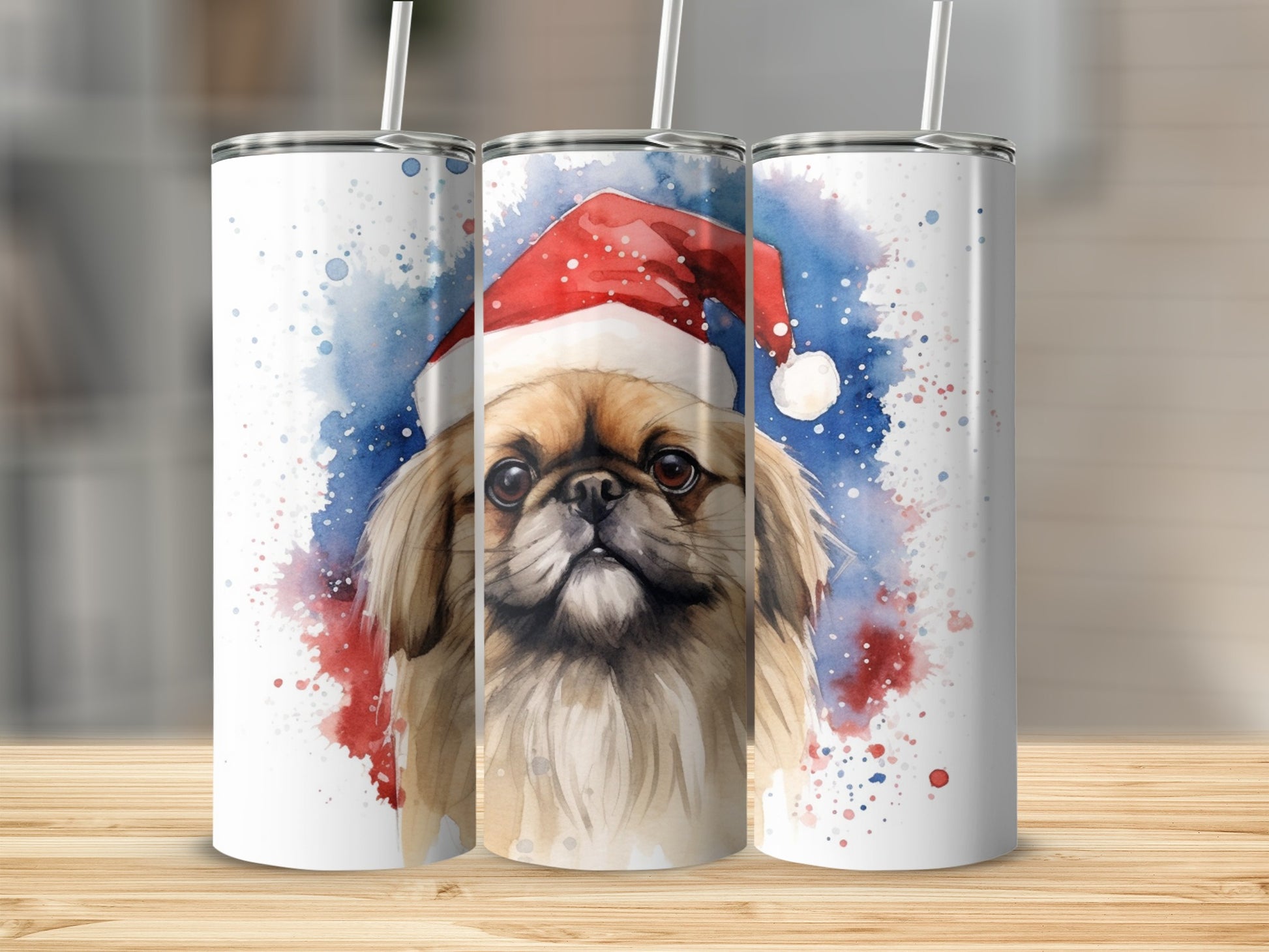 Watercolor Pekingese dog wearing a Santa hat with red and blue splatters.