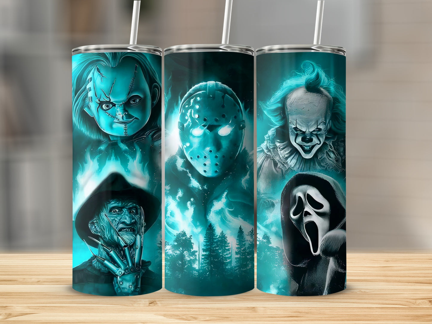 Four horror movie villains: Chucky, Jason Voorhees, Freddy Krueger, and Ghostface.