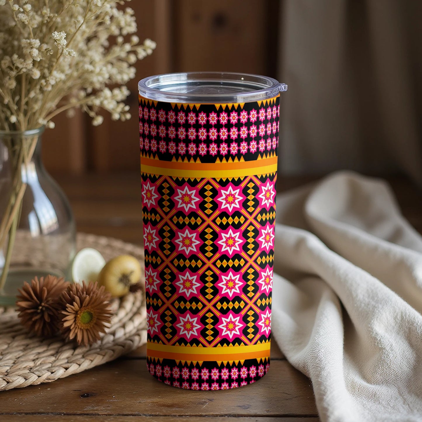 Vibrant Geometric Floral Pattern Tumbler Cup
