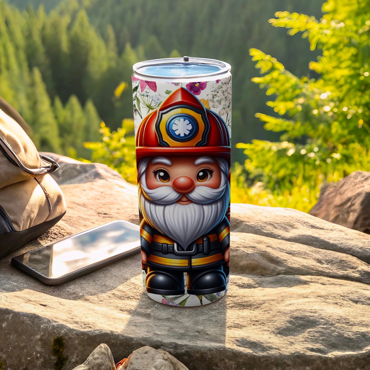 Firefighter Gnome Travel Mug with Scenic Background