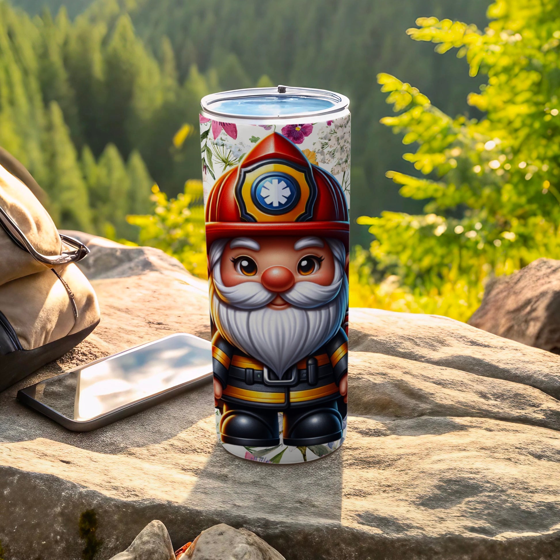 Firefighter Gnome Travel Mug with Scenic Background