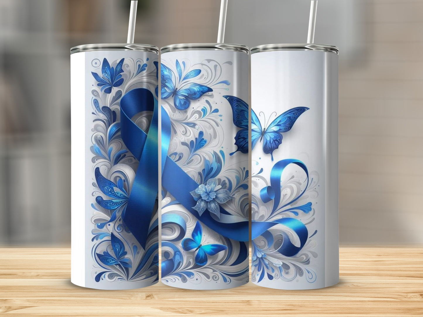 Elegant Blue Ribbon and Butterfly Tumbler Cup Design