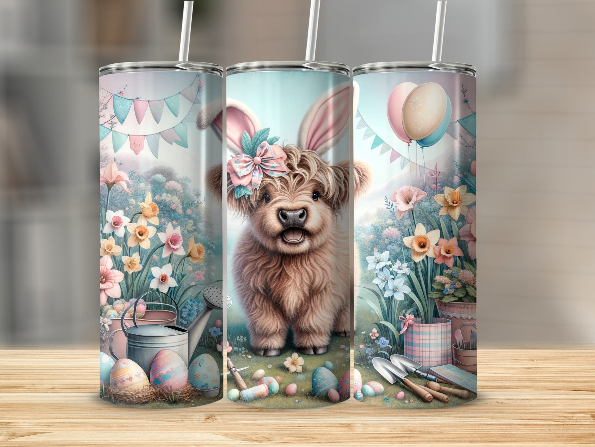 Cute highland cow with bunny ears and Easter eggs on a tumbler.