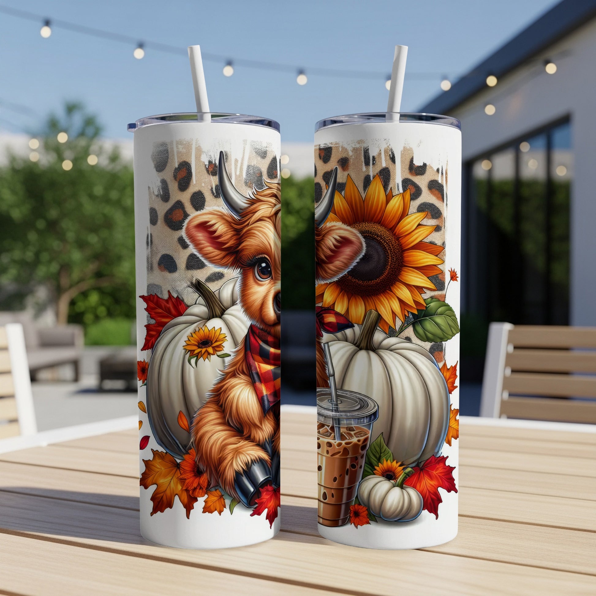 Two tumblers with a highland cow, pumpkin, and sunflower design.