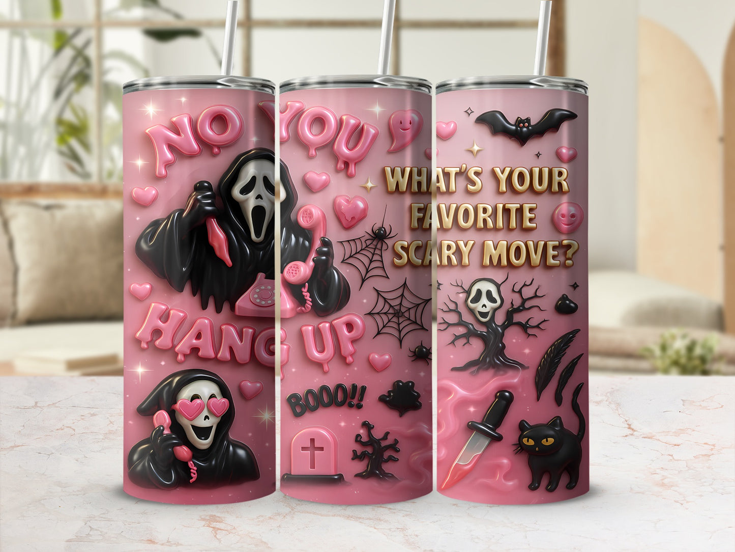 Pink tumbler with ghost mask, bat, knife, black cat, and spooky text.