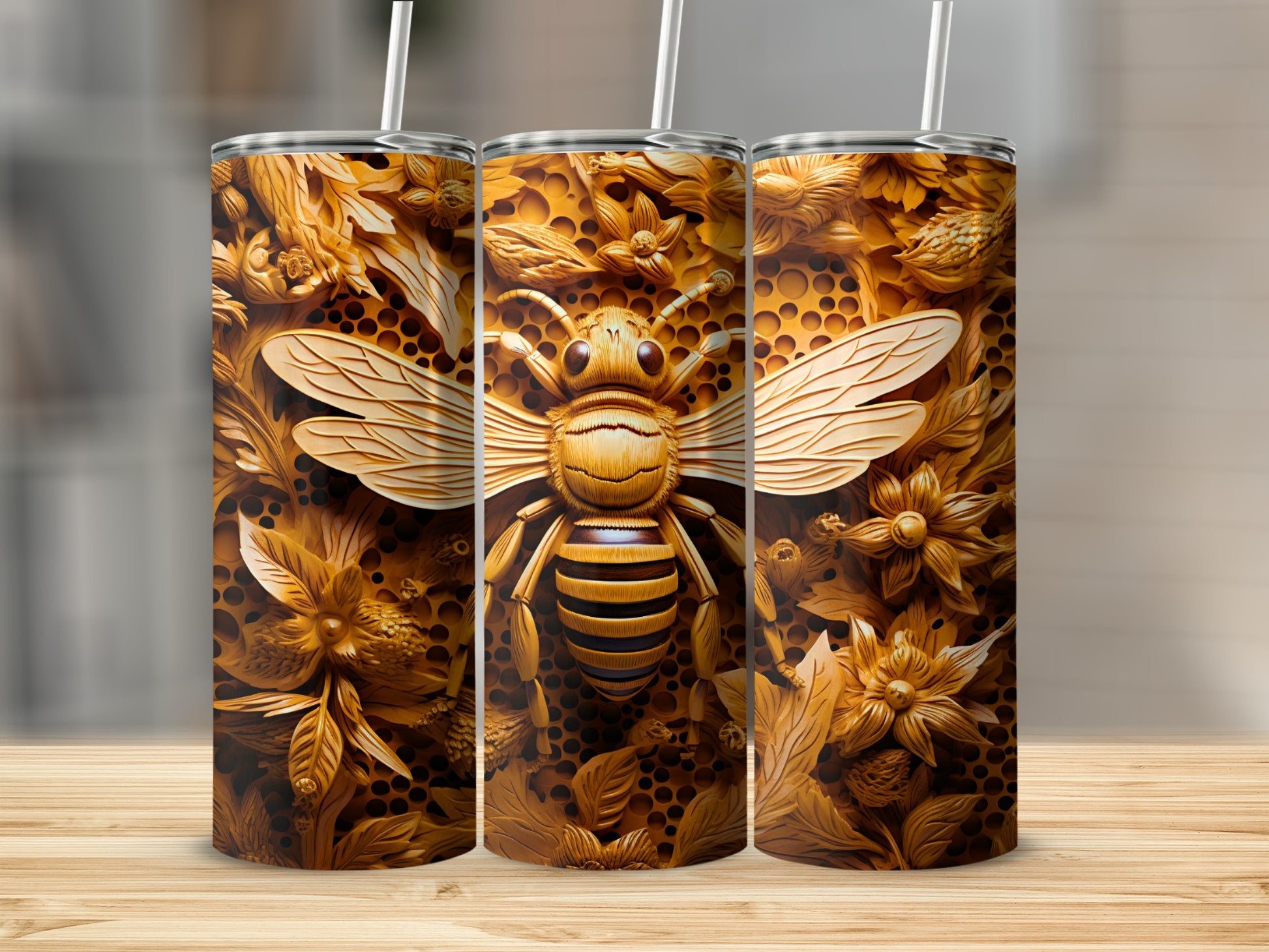 Detailed Bee Honeycomb Floral Wood Carving Tumbler product type
