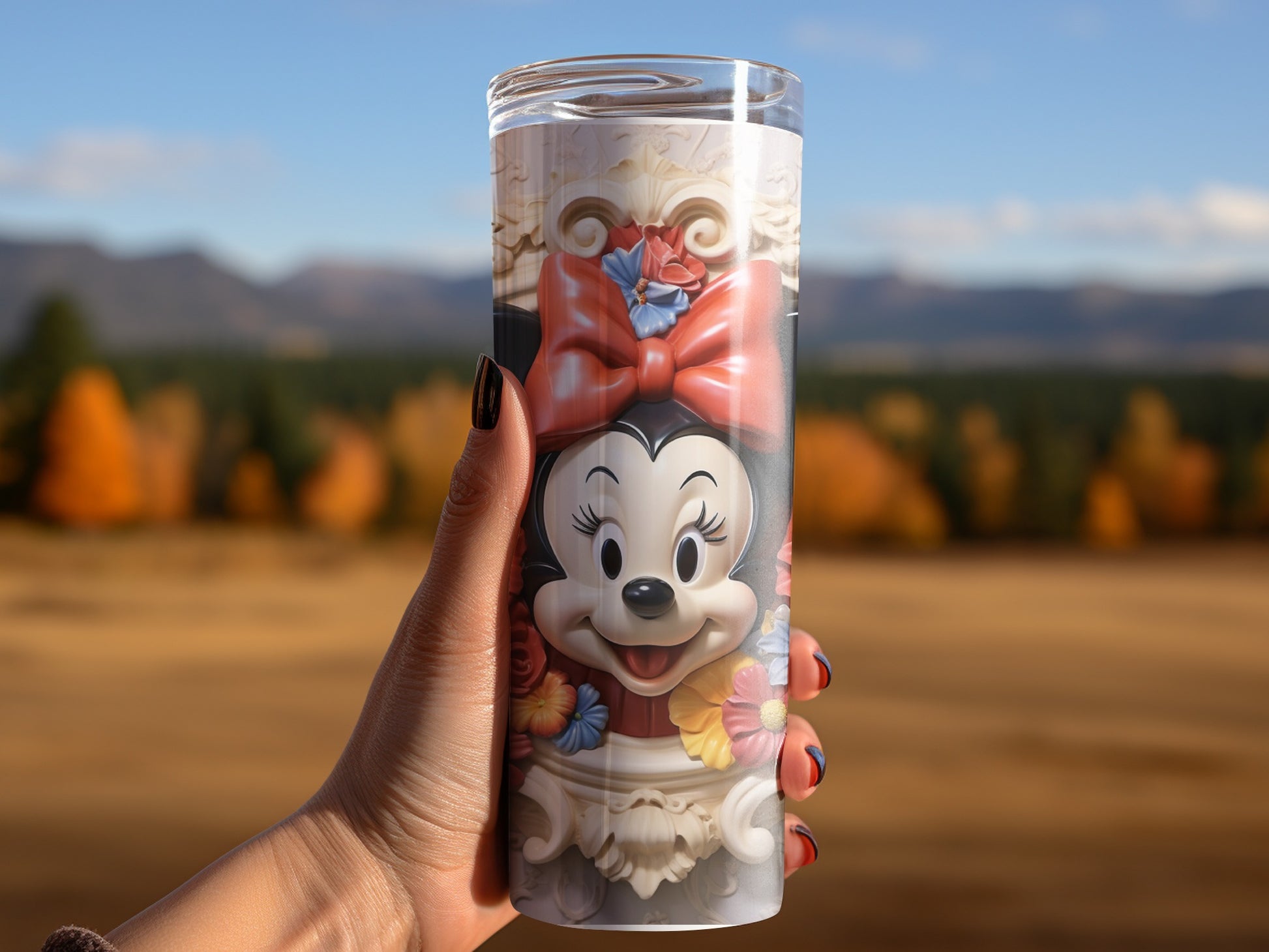 Minnie Mouse Tumbler with Autumn Forest Background