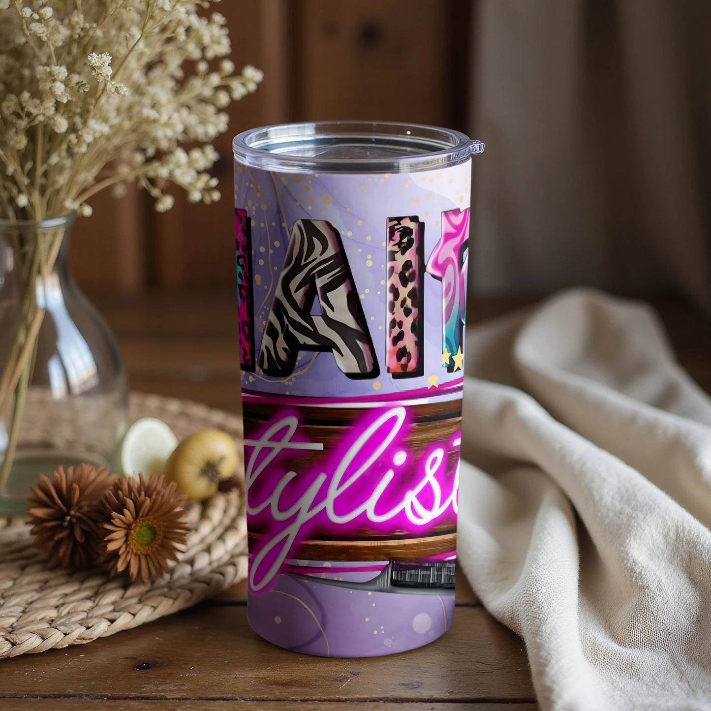 Stylist Themed Tumbler with Vibrant Art Design
