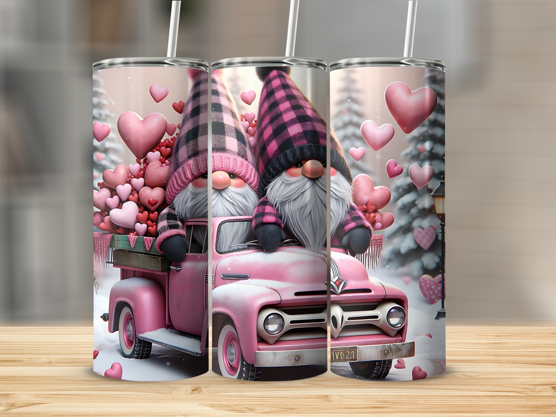 Pink truck with gnomes and hearts on a tumbler.