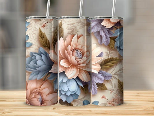 Three tumblers with a floral pattern of peach and blue flowers.