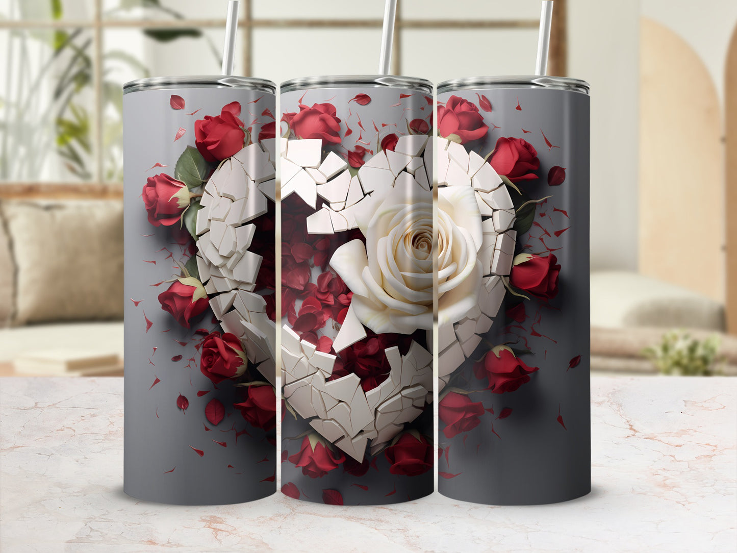 White and Red Rose Heart Graphic Tumbler Cup
