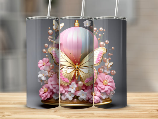 Pink and white hot air balloon with gold butterfly and pink flowers.