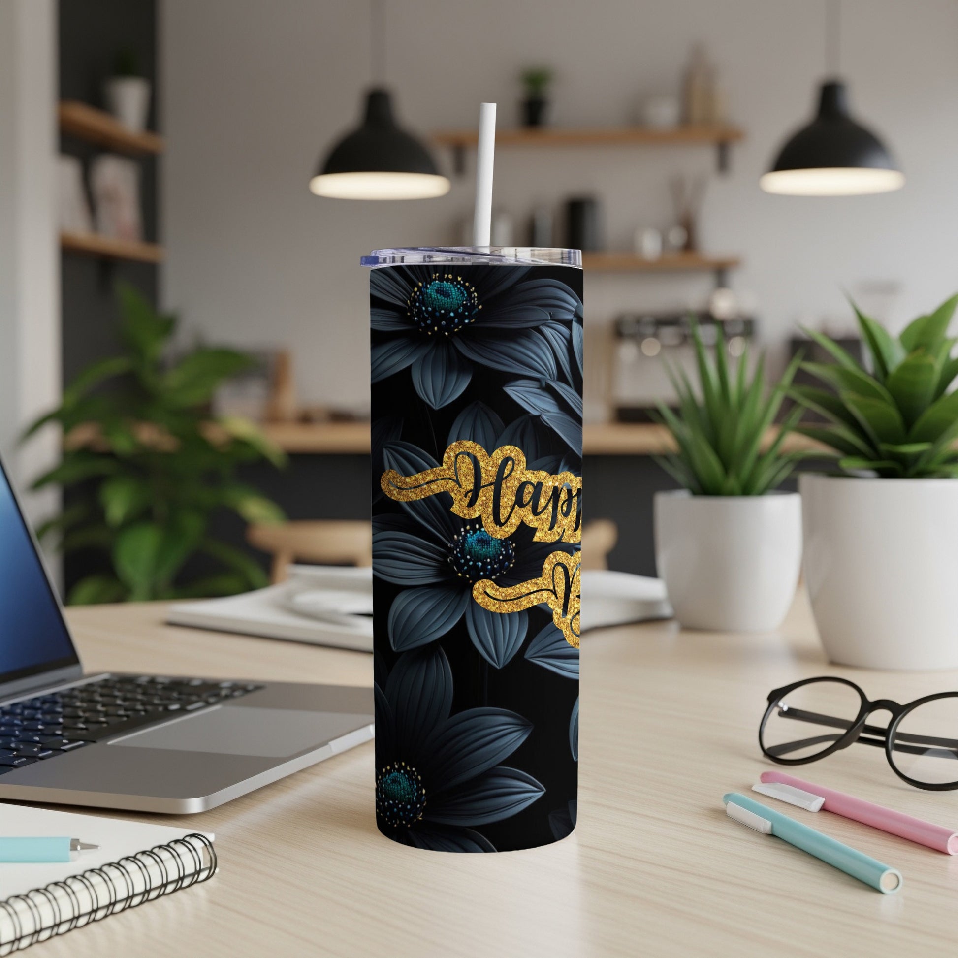 Black tumbler with floral design and "Happy Holidays" text.
