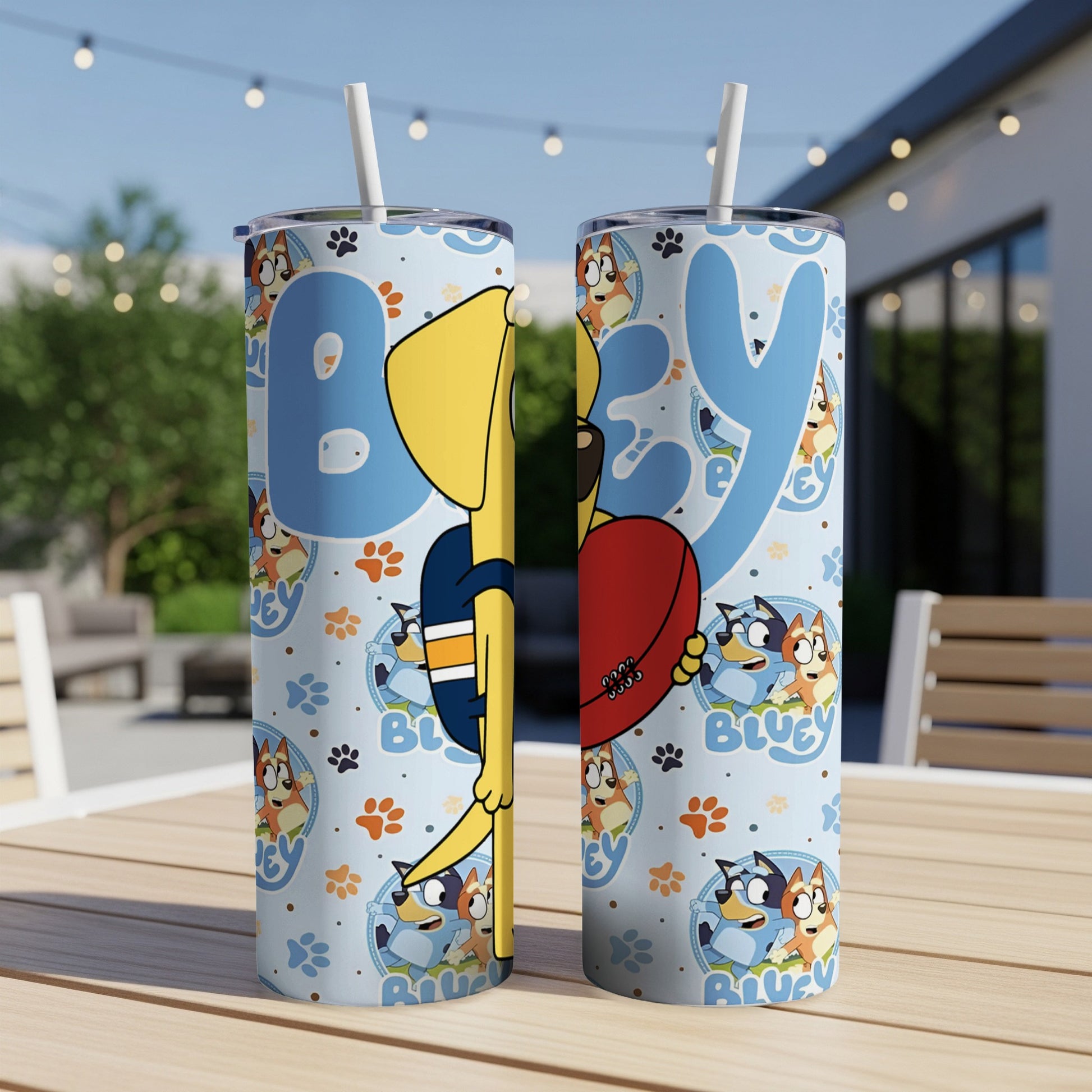 Bluey and Bingo character tumbler with paw prints and "Bluey" text.