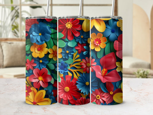 Three tumblers with colorful floral patterns displayed against a light background.
