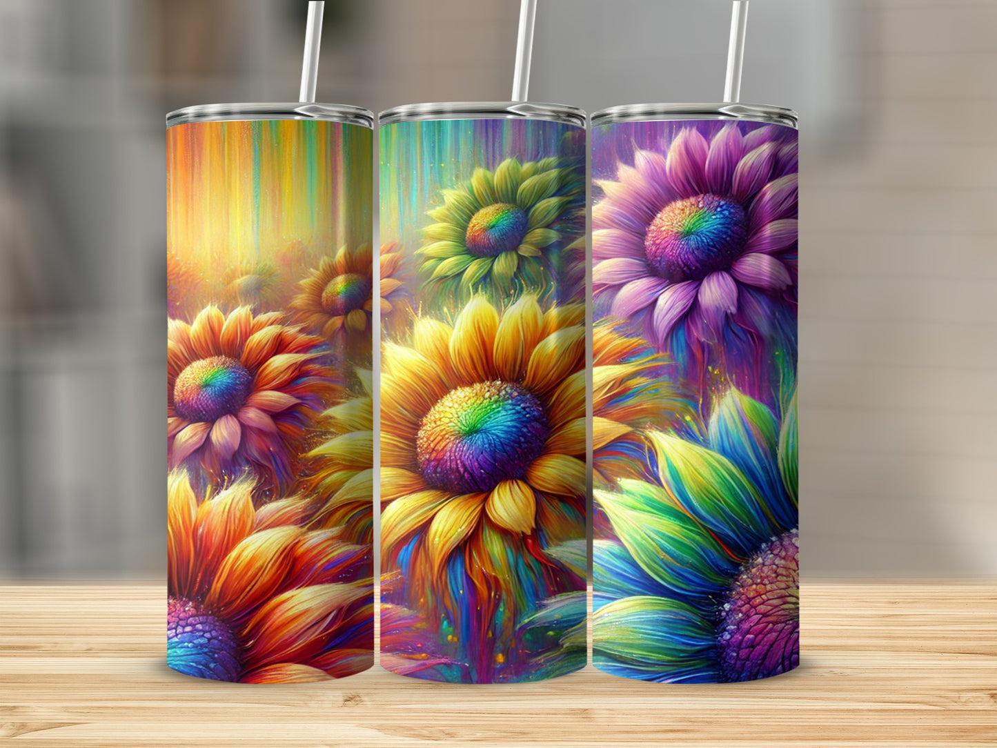 Vivid Rainbow Sunflower Design on Tumbler Product