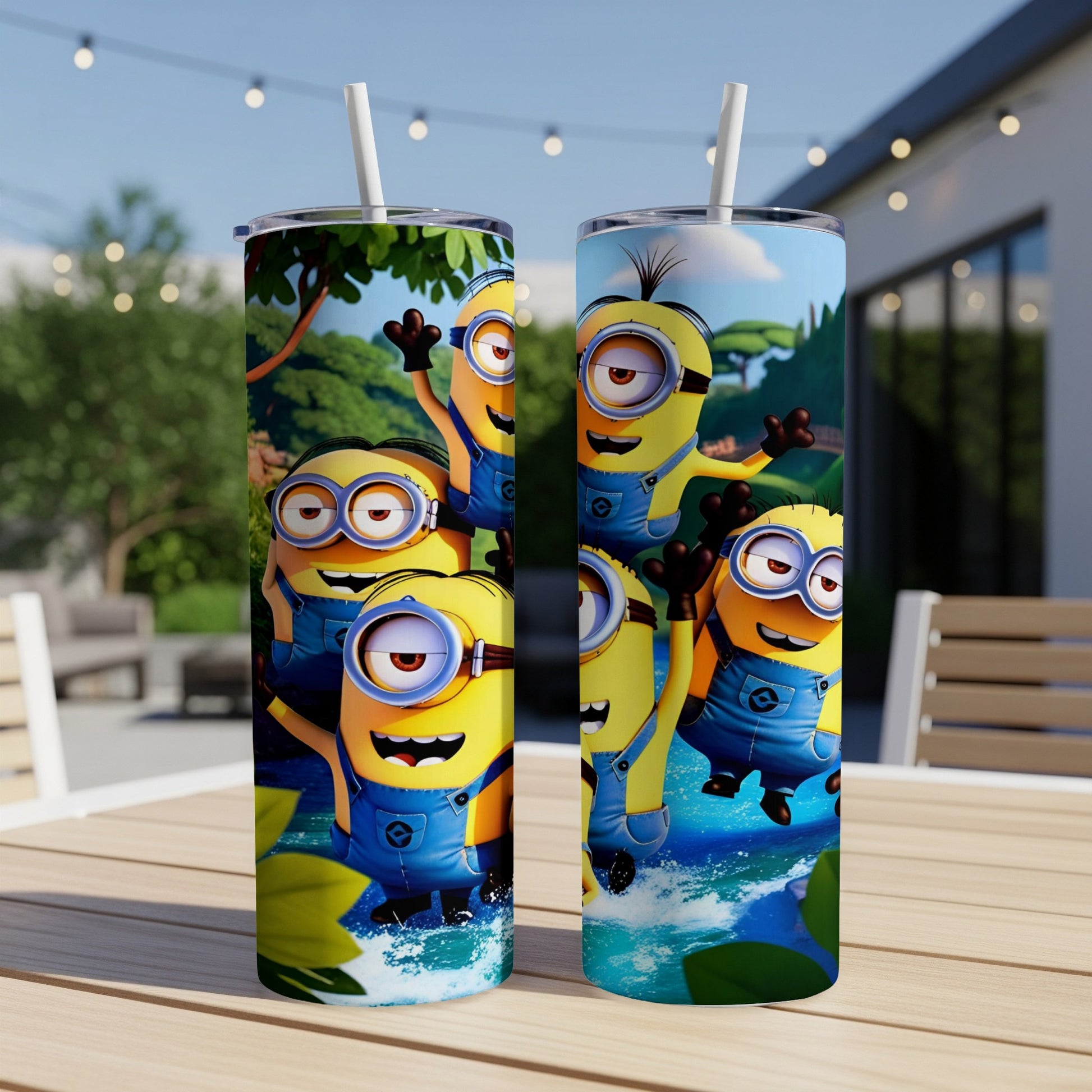Minions in overalls splashing in water on a tumbler.