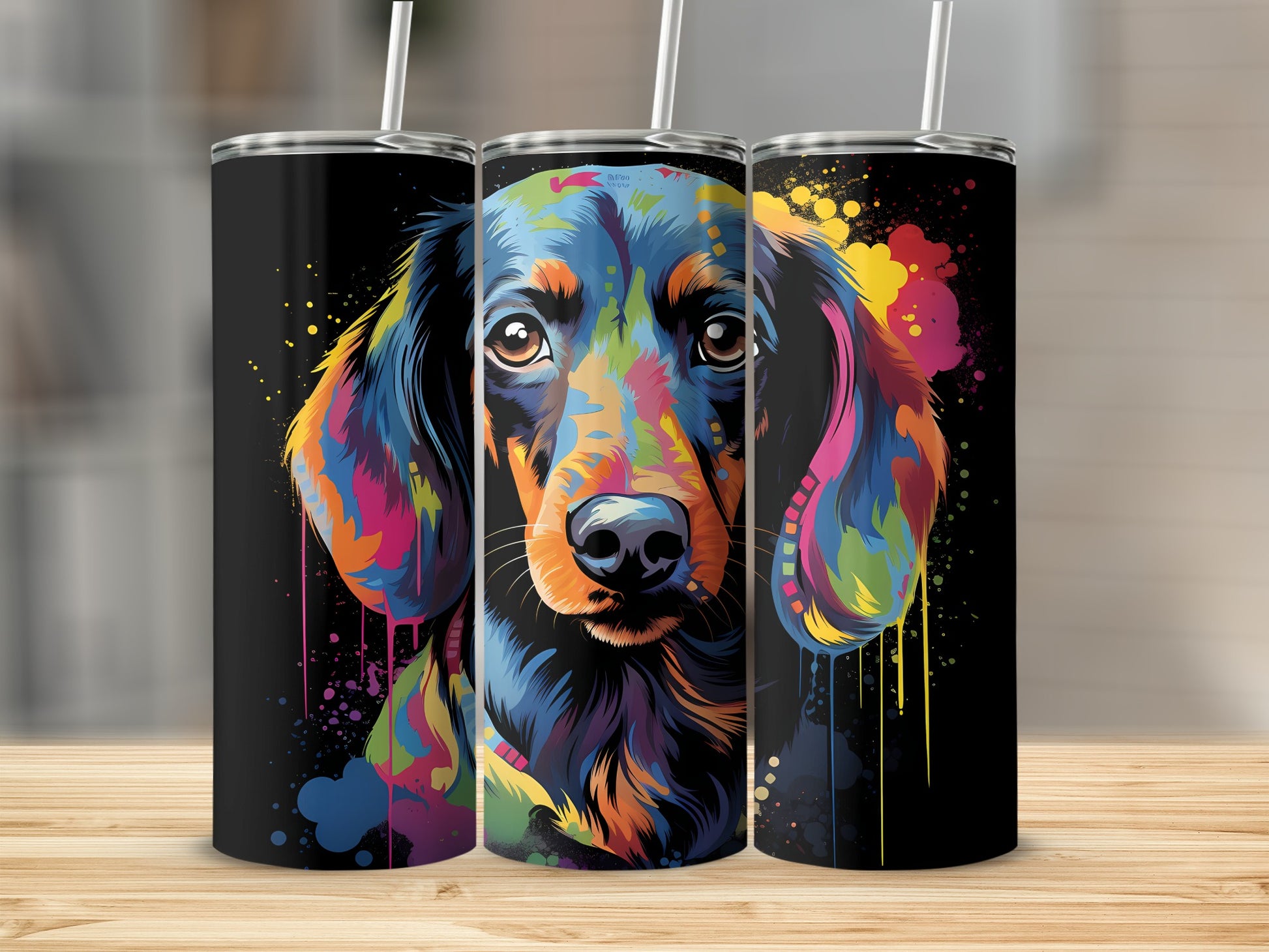Colorful dachshund portrait on a black tumbler with splash paint detail.