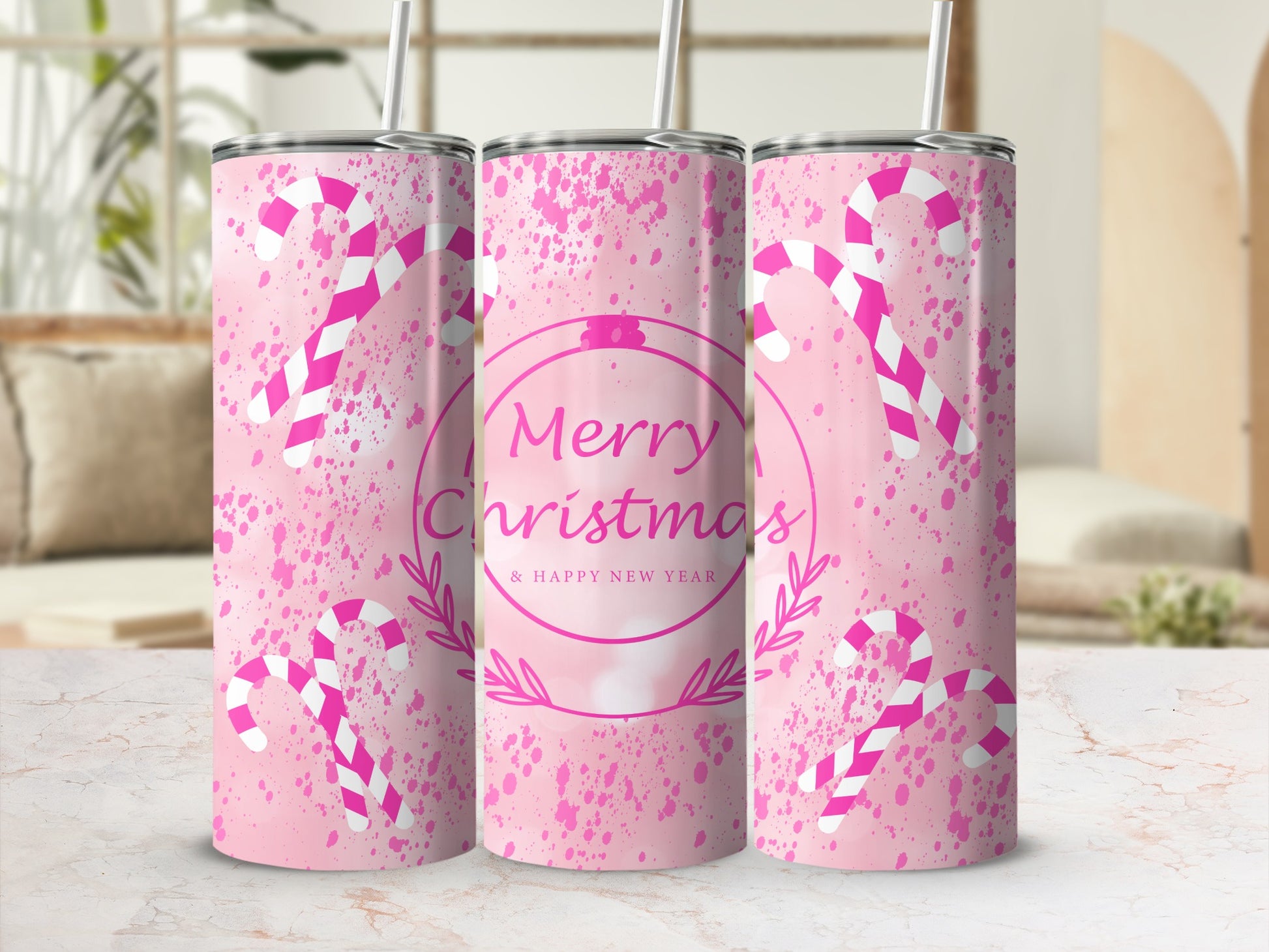 Merry Christmas Happy New Year Pink Candy Design