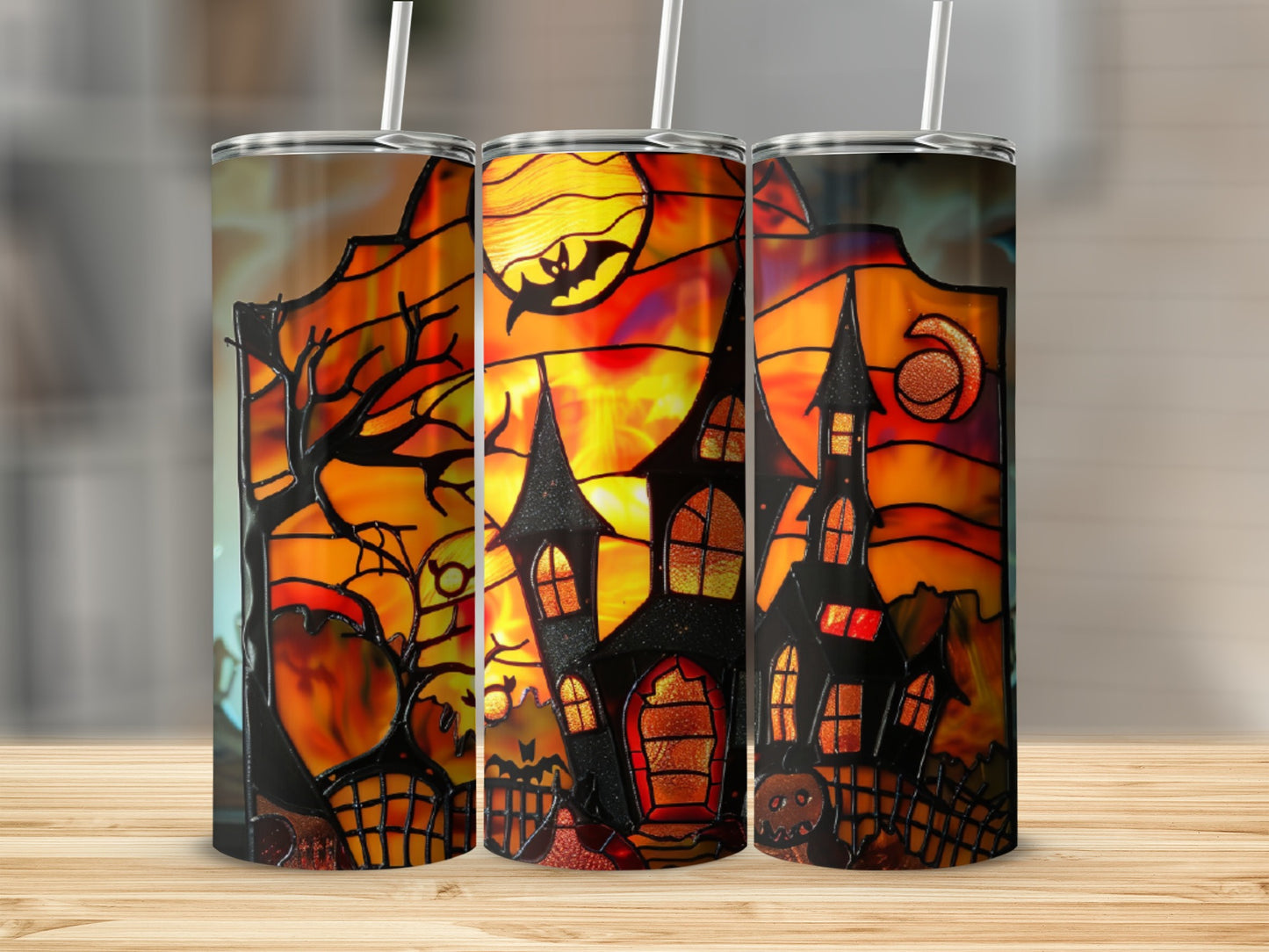 Halloween haunted castle and moon stained glass tumbler design.