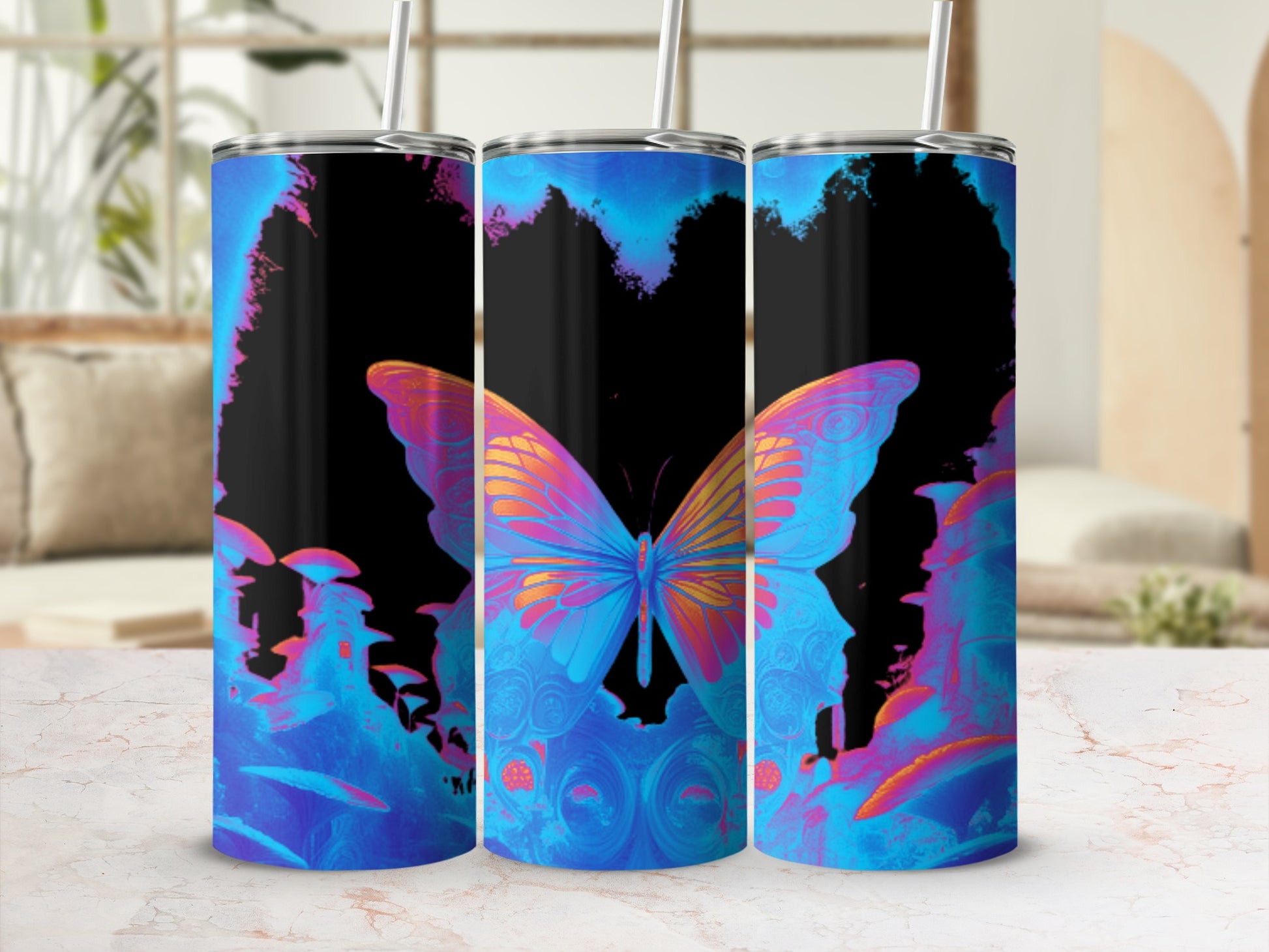 Tumbler with vibrant butterfly wings in blues and oranges against black background.