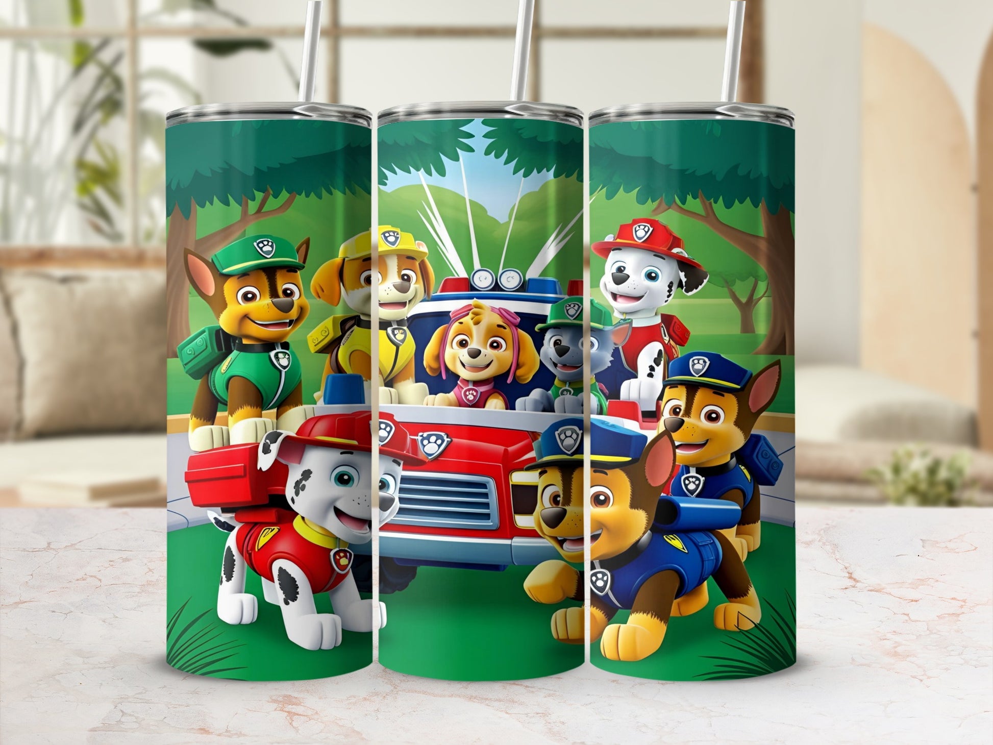 Paw Patrol characters on a fire truck in a park.