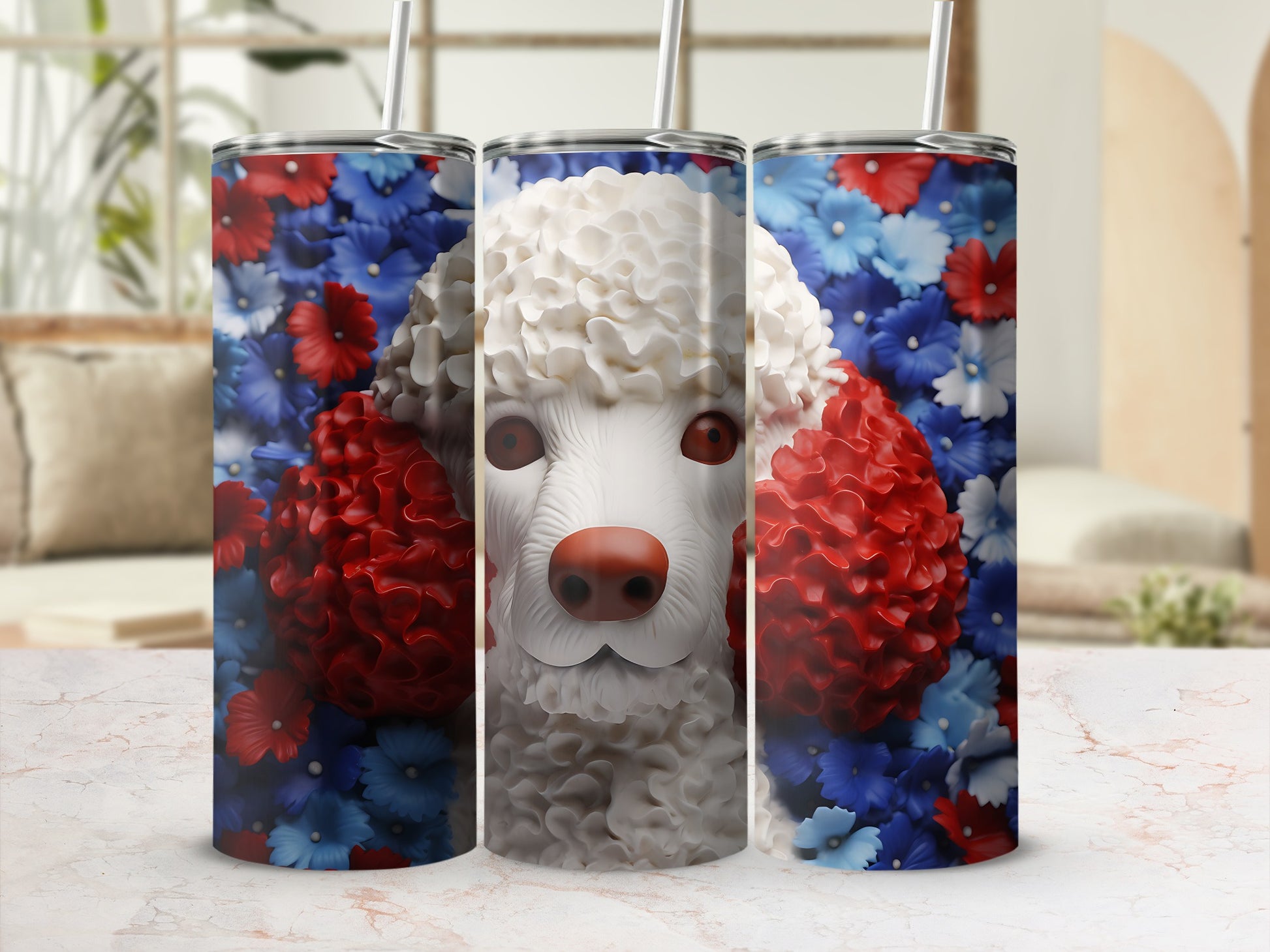 White poodle face on a tumbler with red, white, and blue floral background.