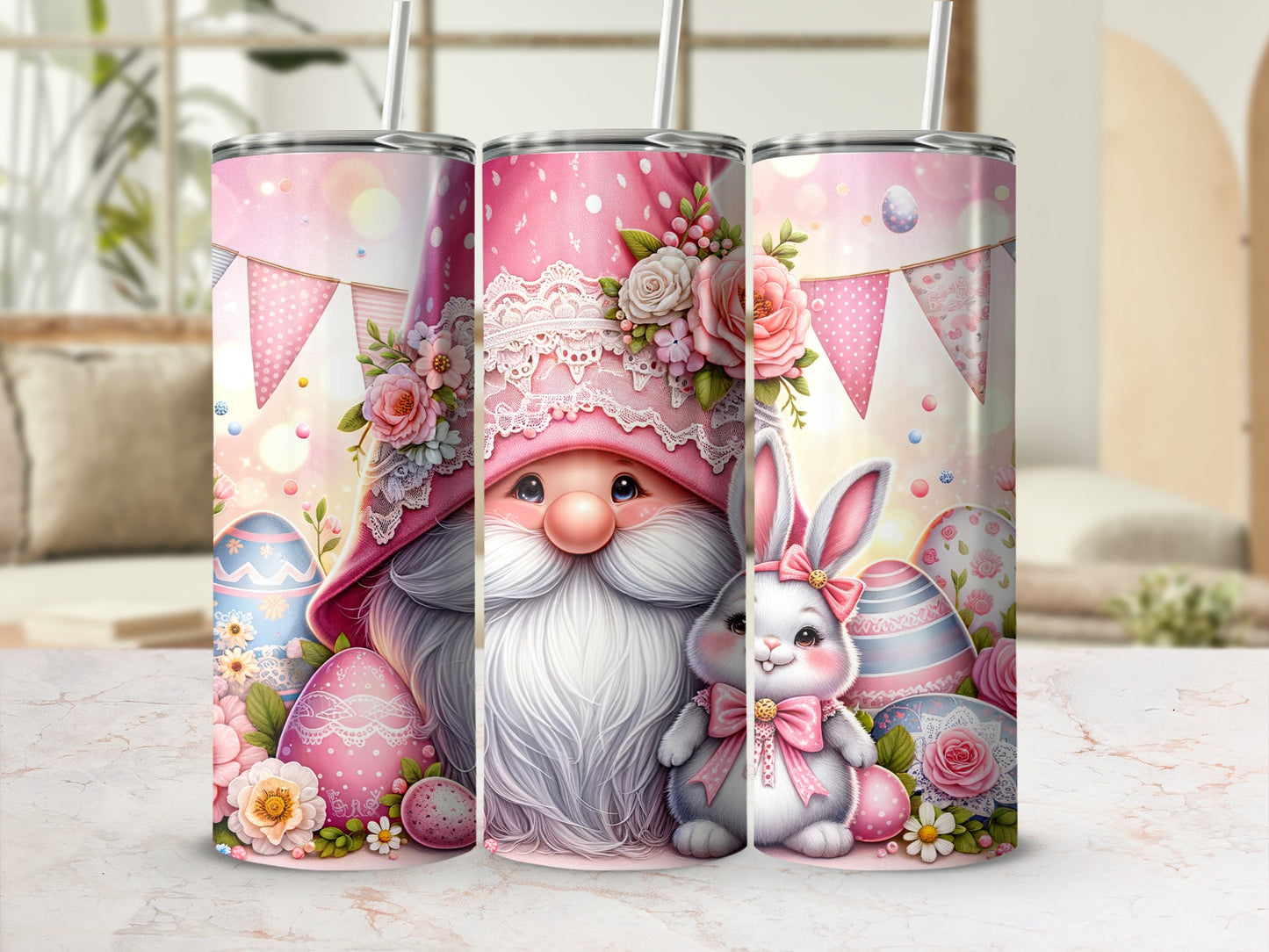 Pink gnome and bunny with Easter eggs and flowers on tumblers.