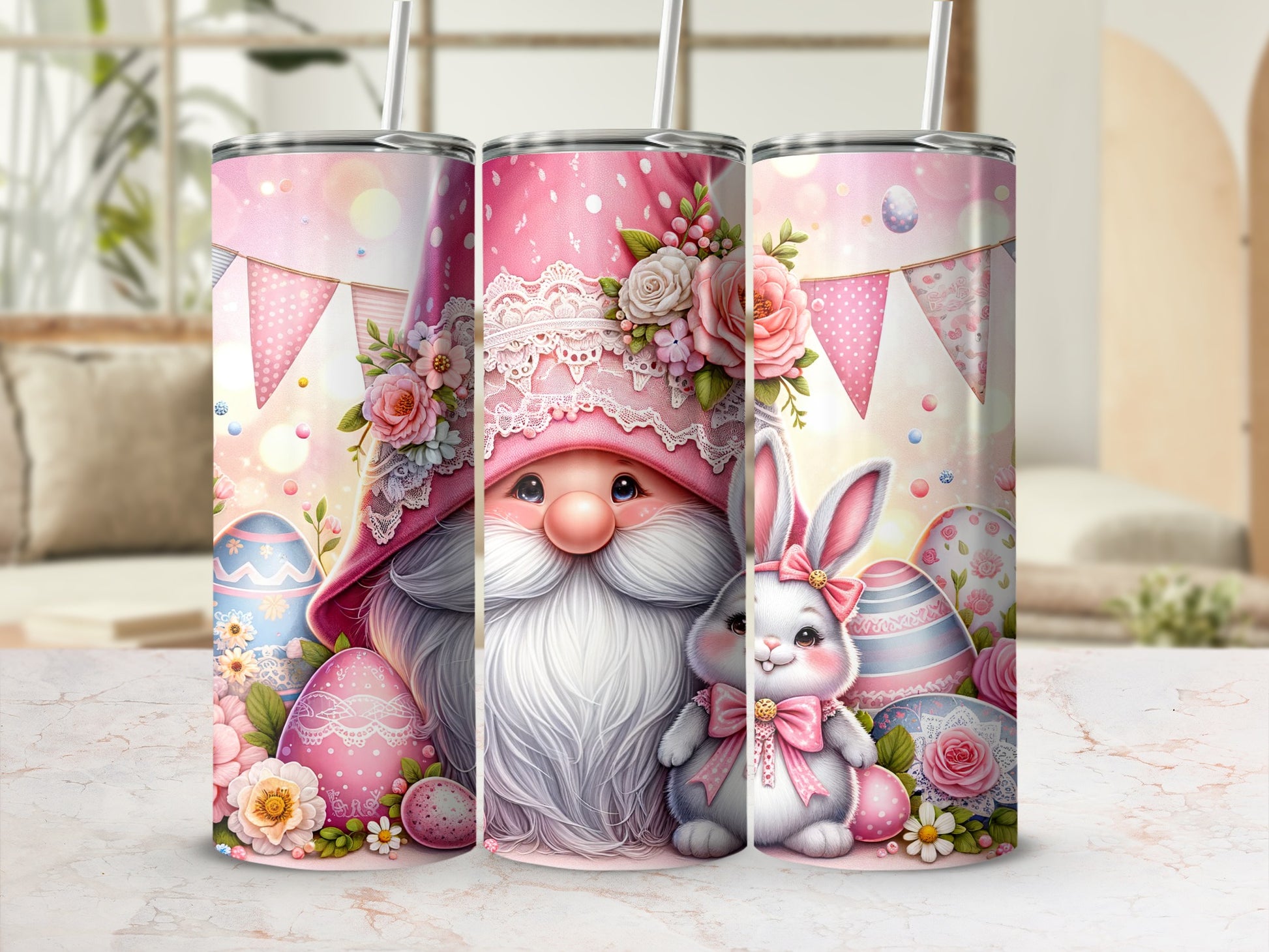 Pink gnome and bunny with Easter eggs and flowers on tumblers.