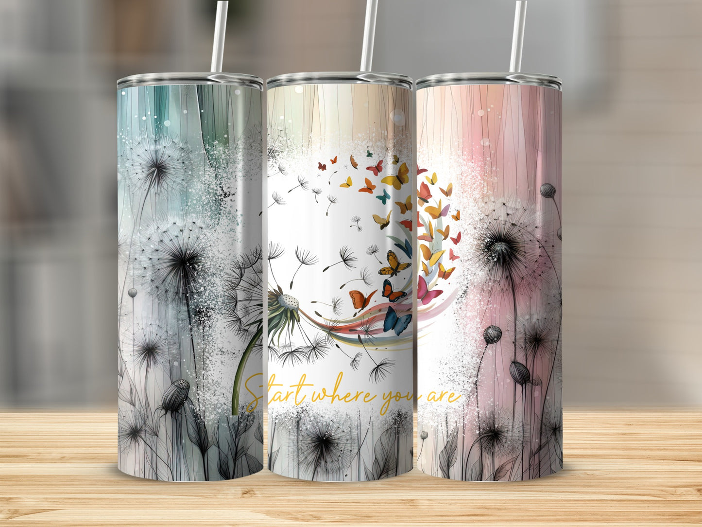 Dandelion and Butterfly Design Tumbler Set
