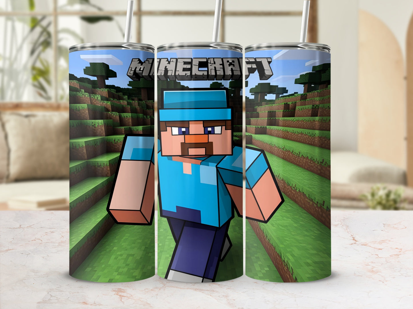 Minecraft Steve character on a tumbler with pixelated grass background.