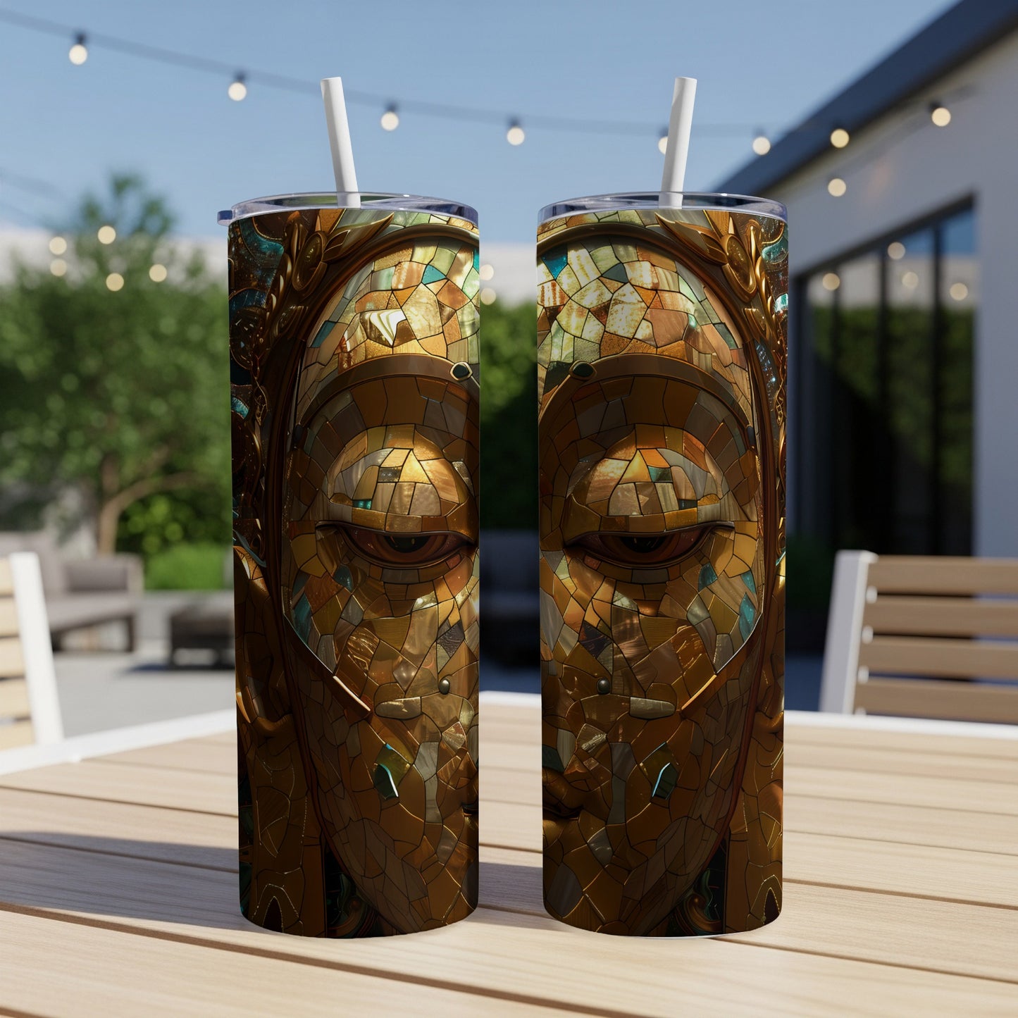 Two tall tumblers featuring a mosaic of a face with golden-brown tiles.