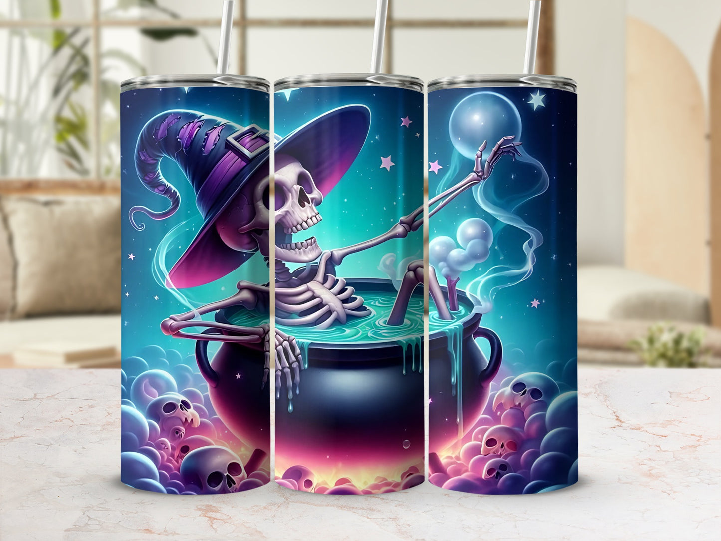 Skeleton in witch hat relaxing in a cauldron surrounded by skulls and stars.