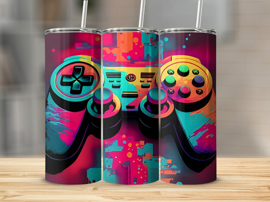 Three abstract, colorful gaming controllers on a wooden surface.