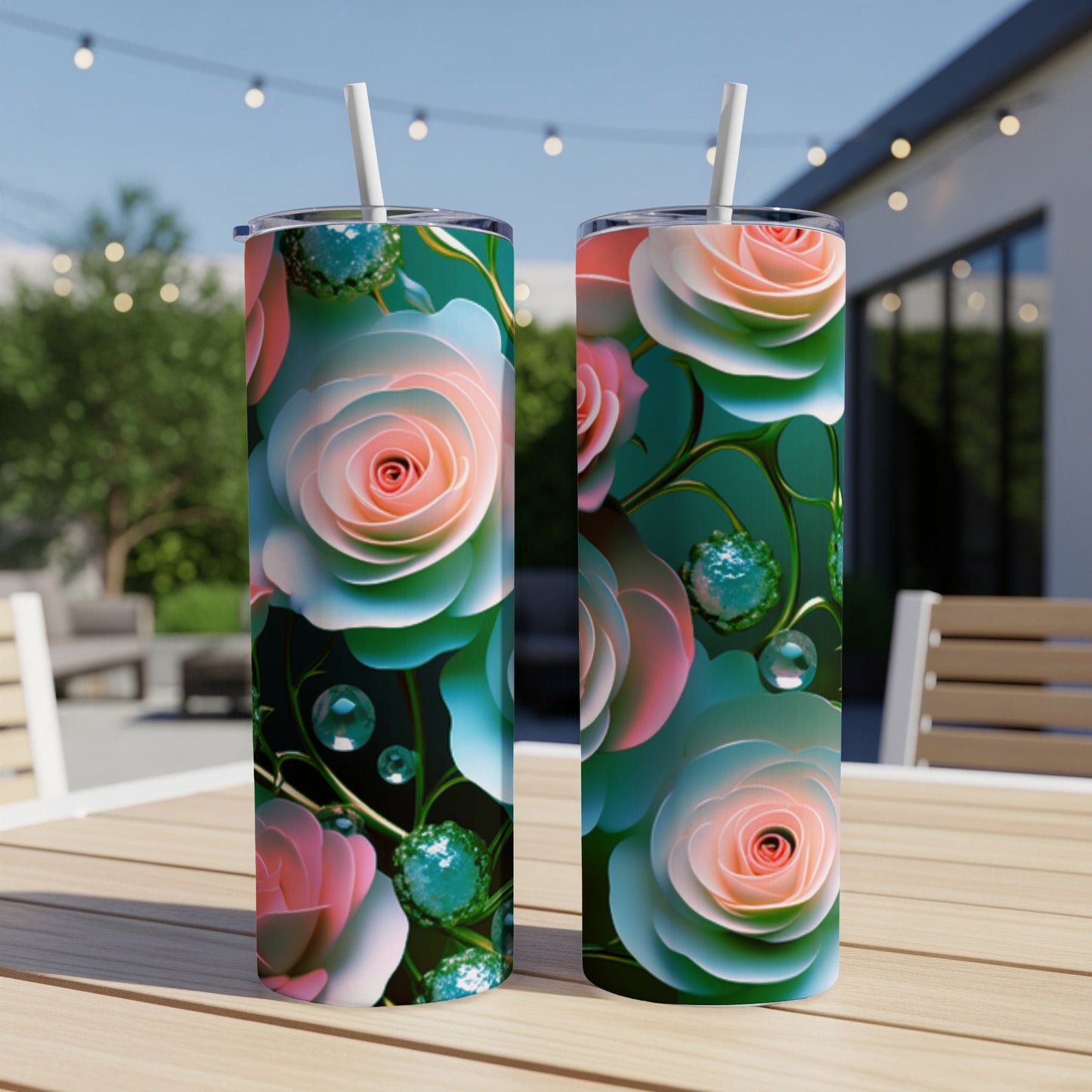 Two tall tumblers with pink and teal rose floral designs and teal spheres.