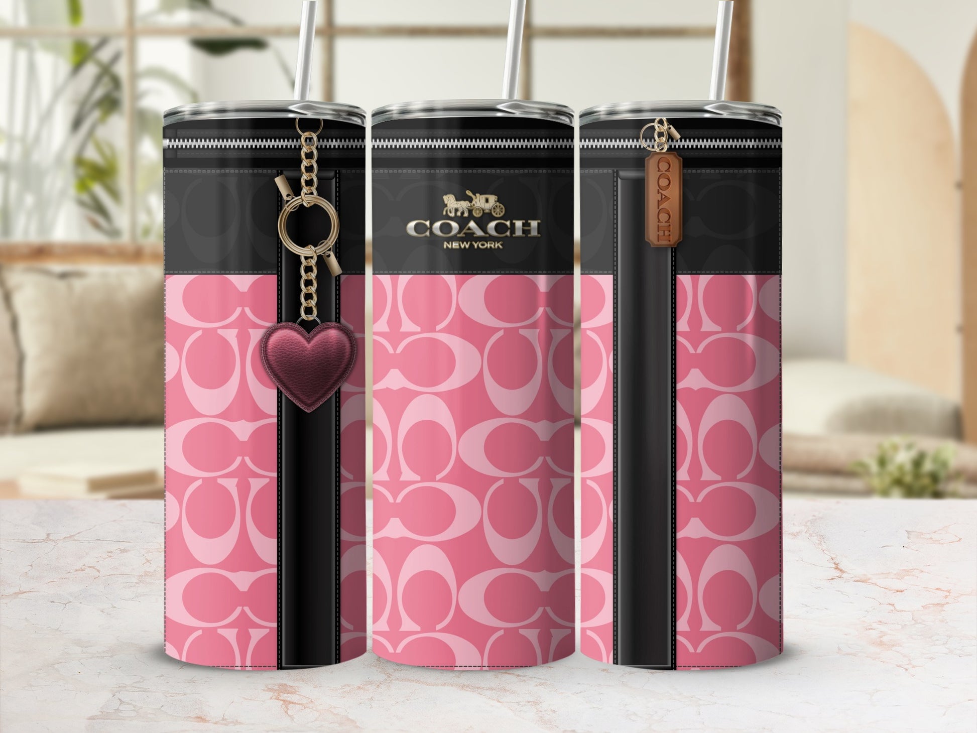 Coach New York Pink Patterned Tumbler with Straw