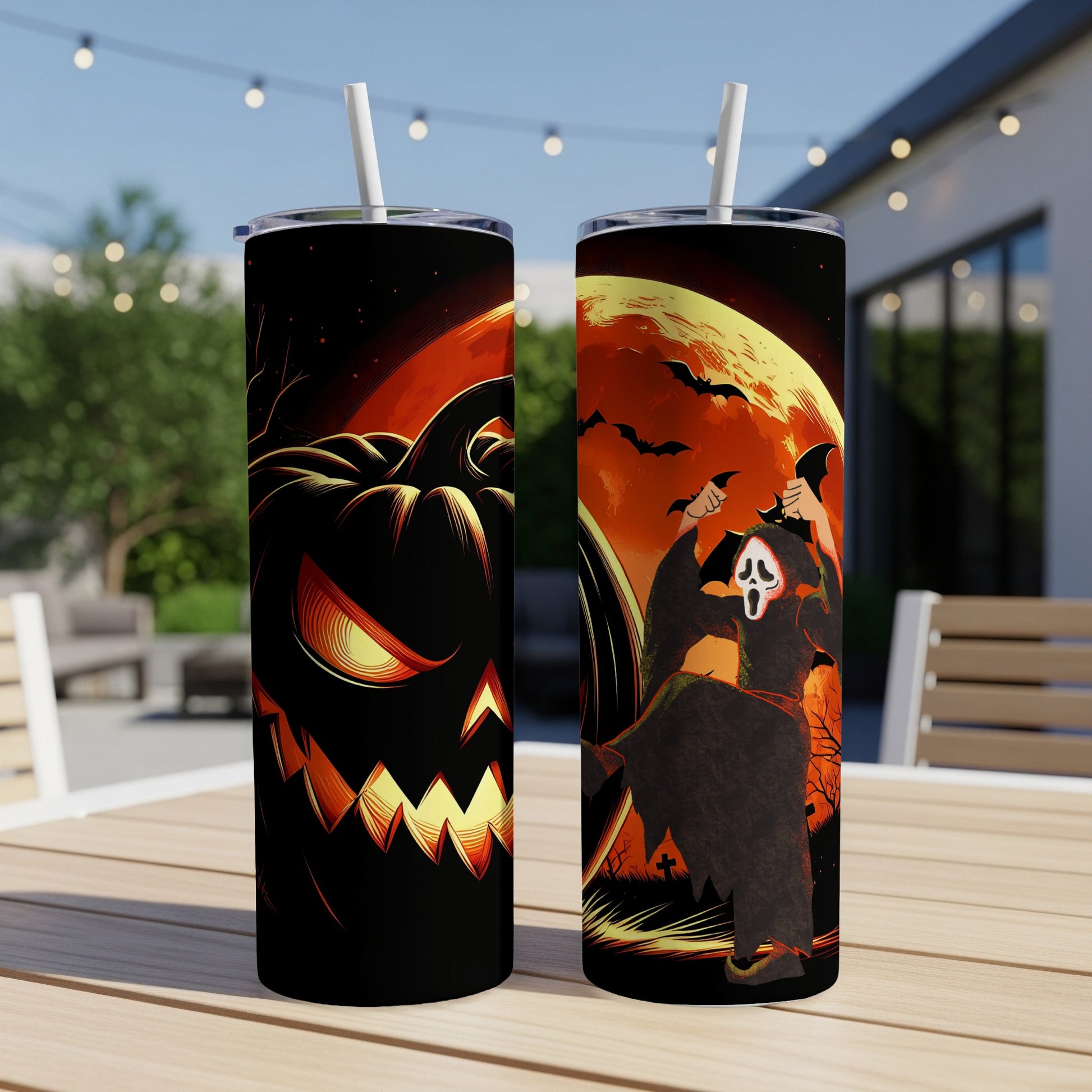 Two tumblers featuring Halloween themes: a jack-o'-lantern and a grim reaper.