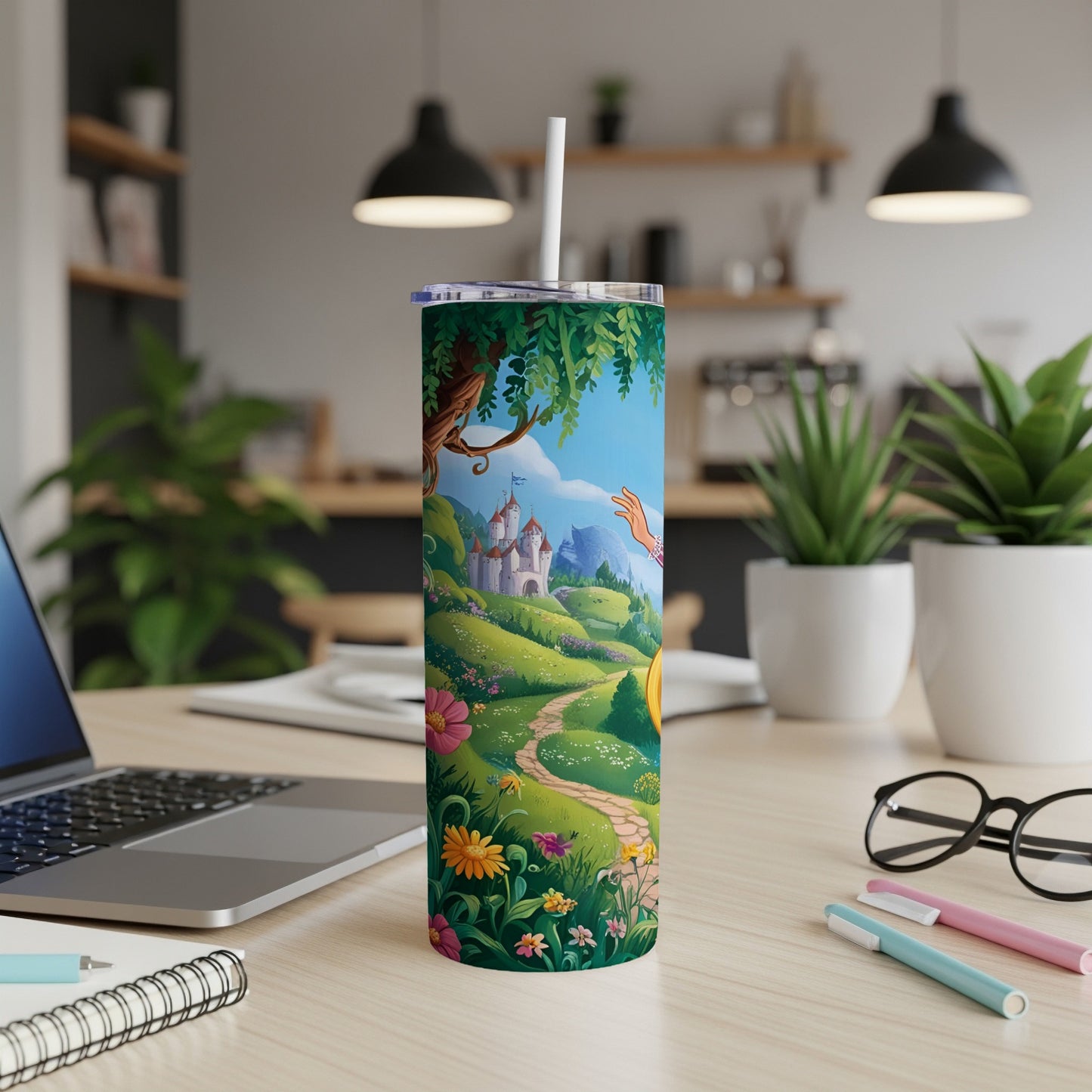 Tumbler with Rapunzel's castle and garden illustration.