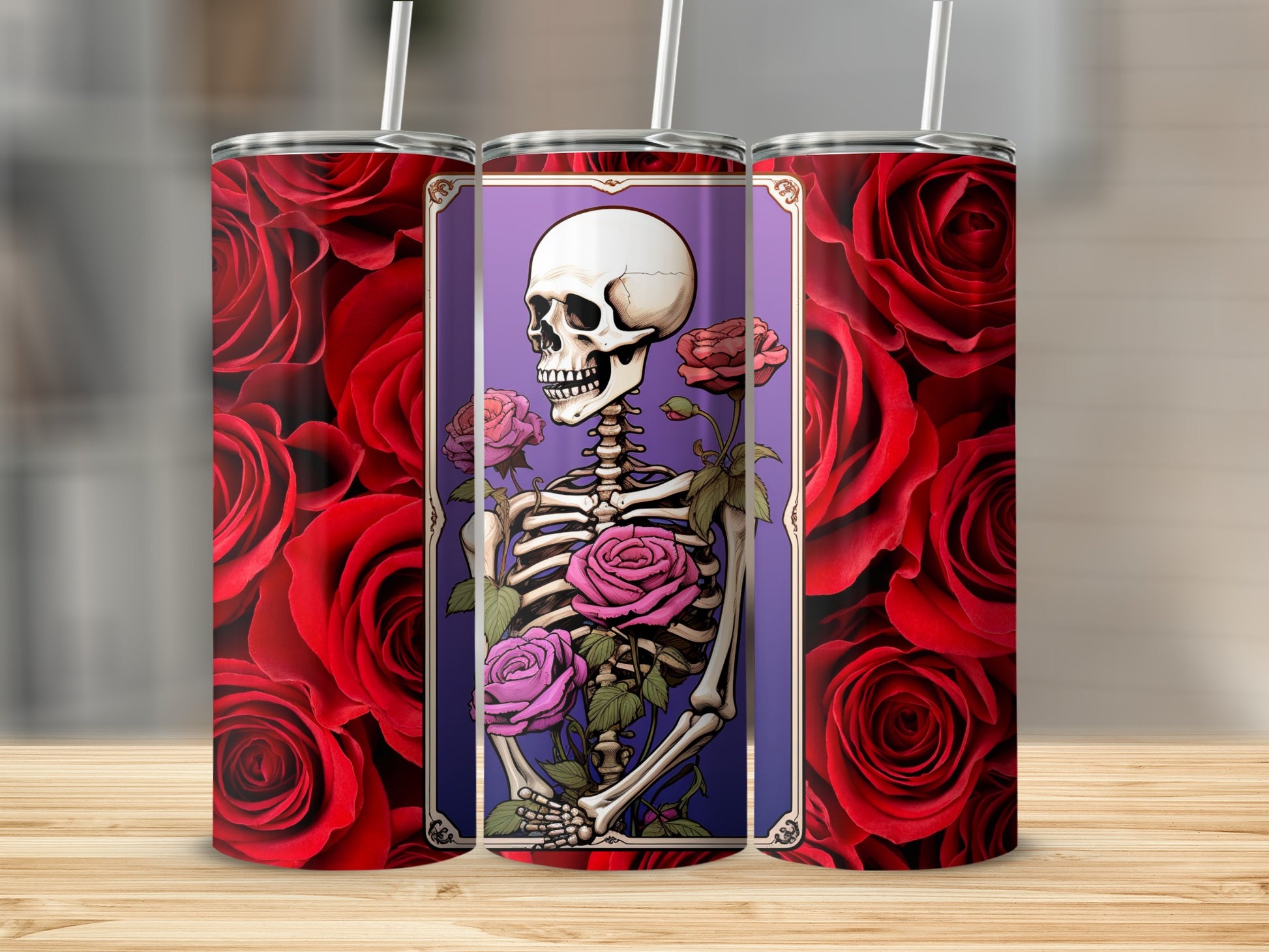 Floral Skeleton and Red Rose Design Tumbler