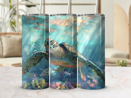 Sea turtle swims in sunlit ocean water with small fish and coral.