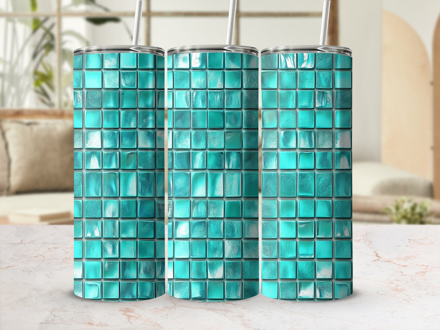 Aqua Hues Square Tile Pattern Unique Design Tumblers