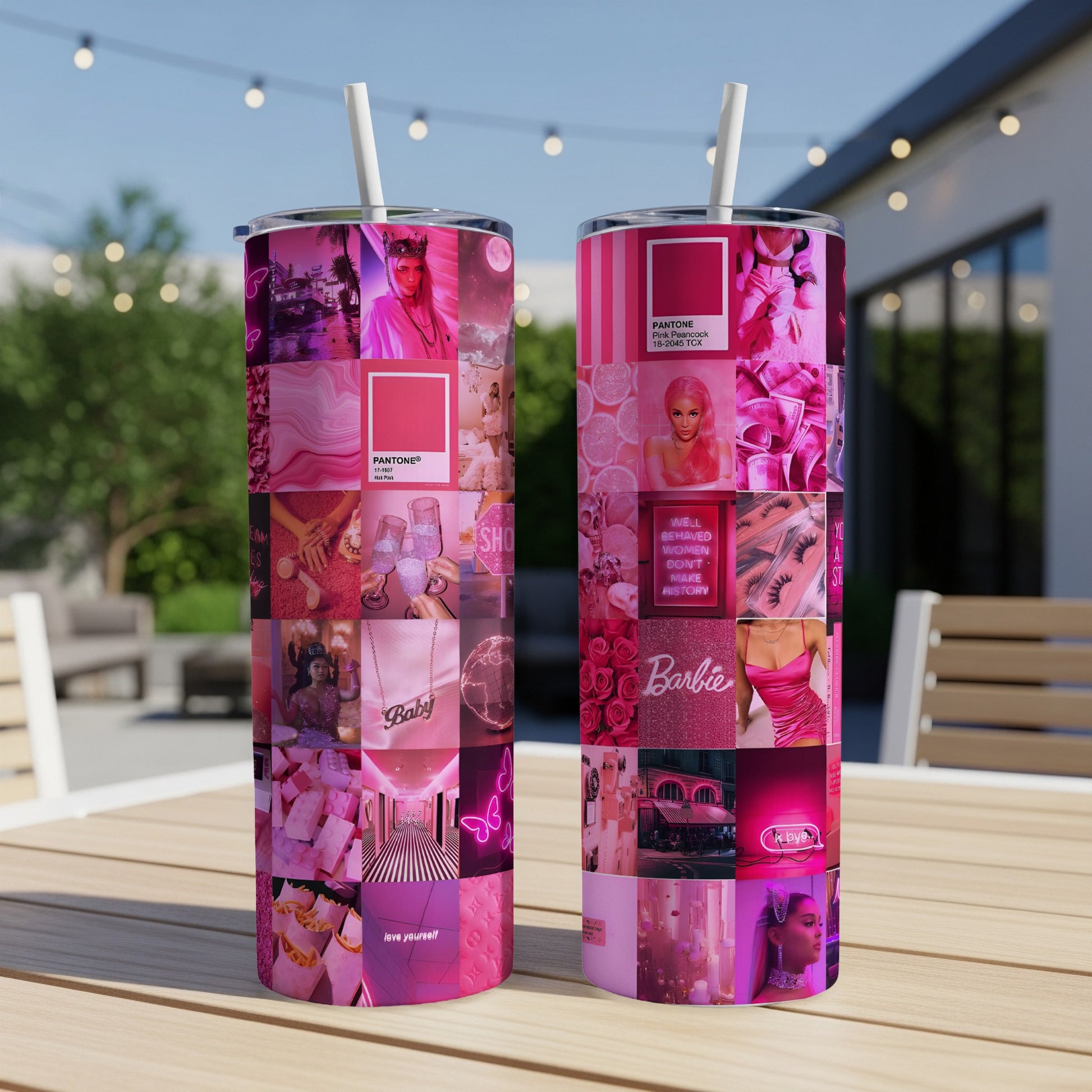 Collage of pink images with Barbie, text, and fashion elements on two tumblers.