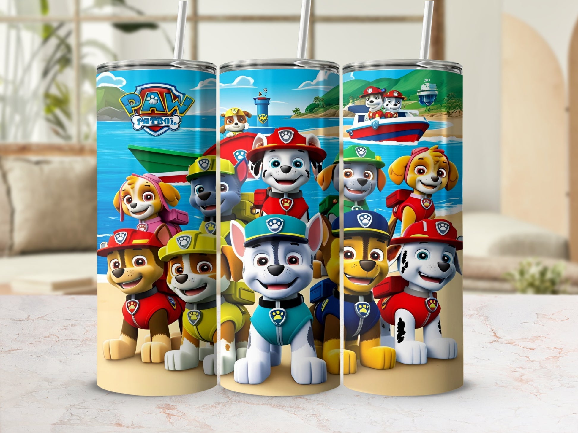Paw Patrol characters on three tumblers with a beach background.